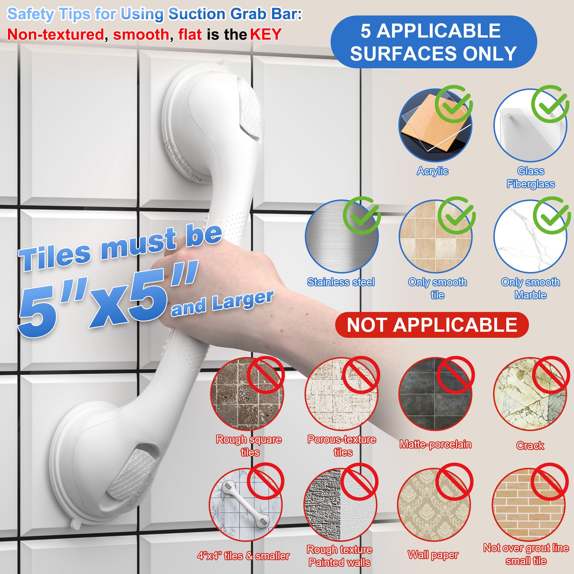 AirTight Haltegriffe für Dusche, strapazierfähig, 40,6 cm, ADA-konform, Haltegriff für Senioren, Duschgriffe für ältere Menschen, Saugnapf, Sicherheitshandlauf für Badezimmer, Badewannen