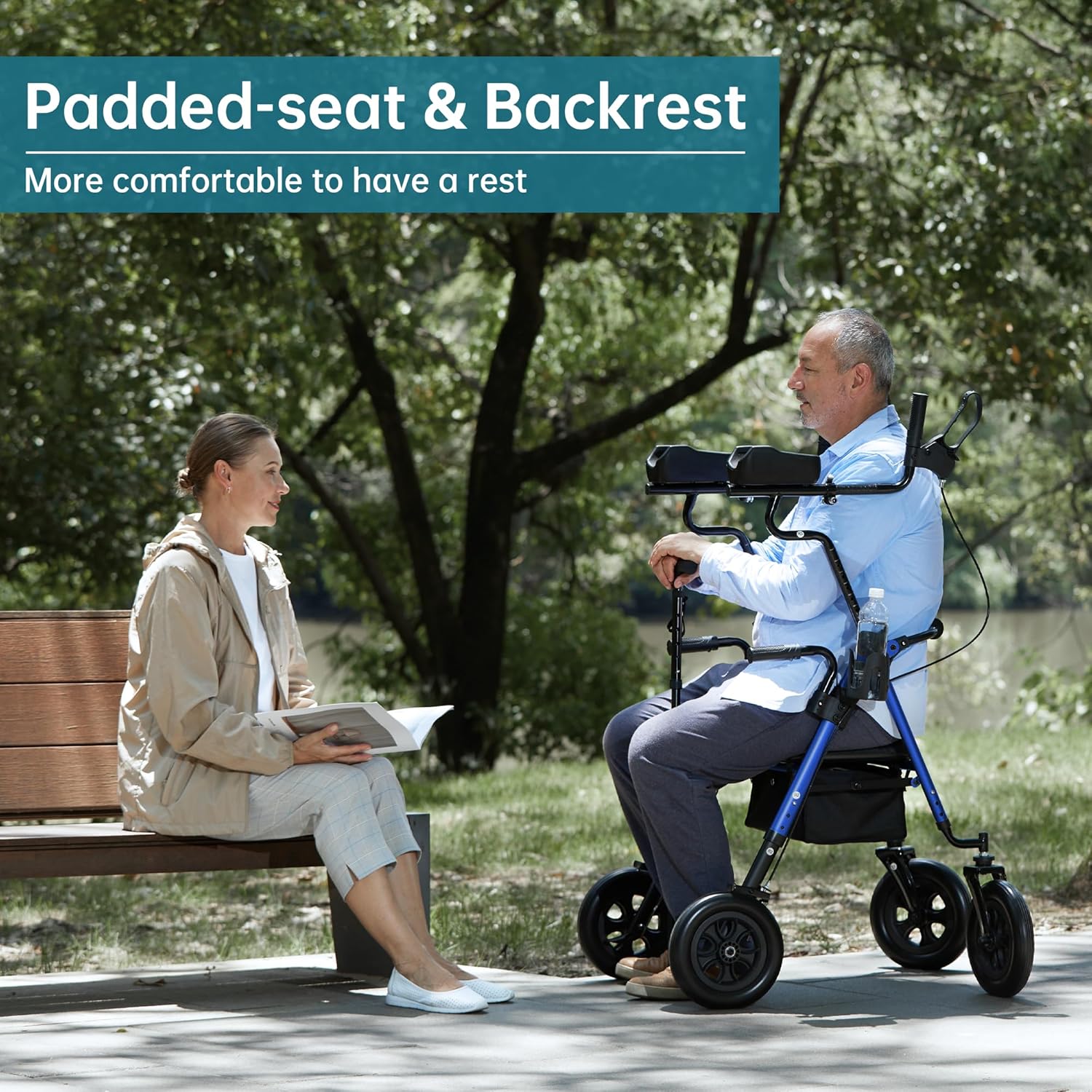 Two individuals sitting on a park bench, with the ELENKER Upright Rollator Walker positioned nearby, demonstrating the use of its padded seat.