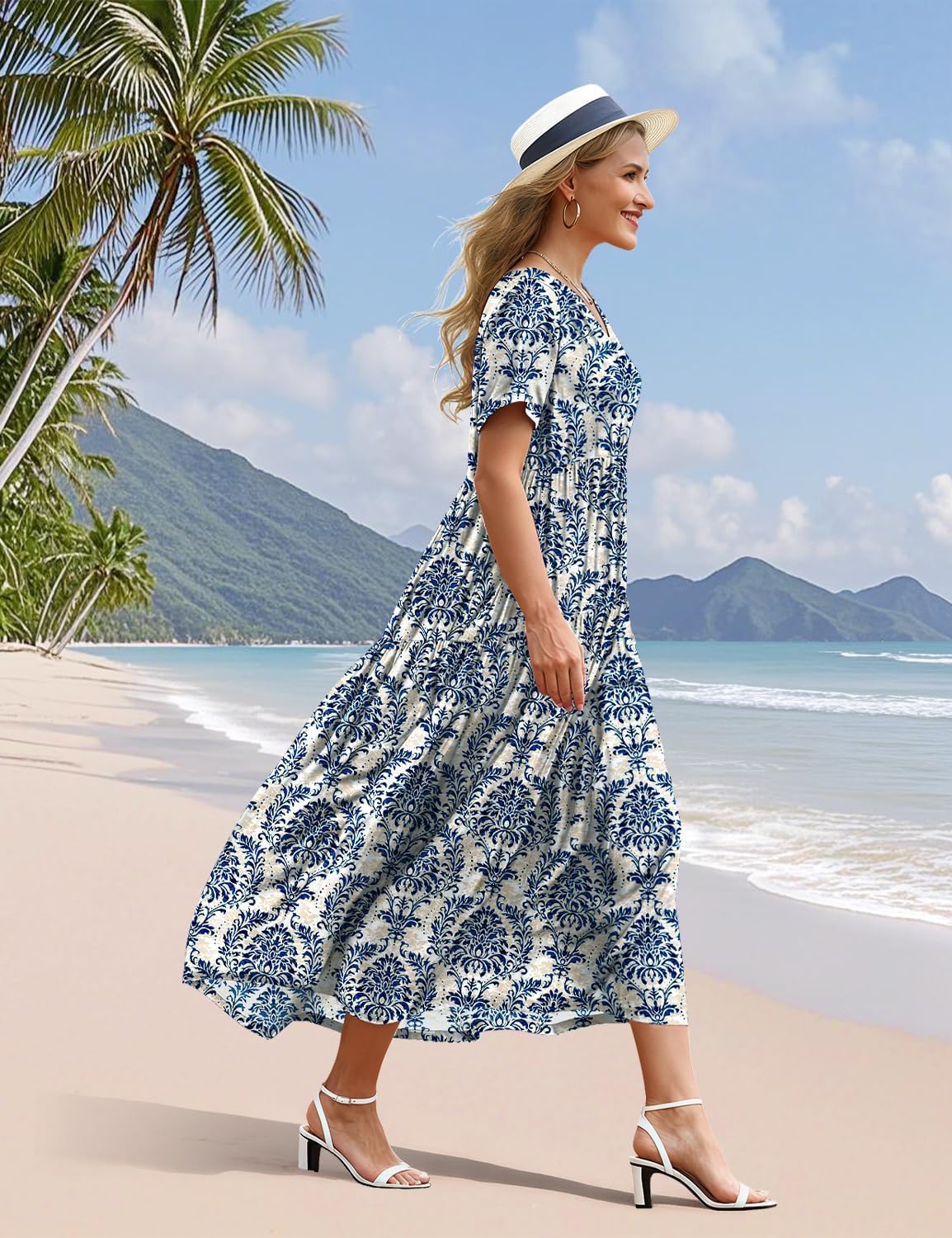 YESNO Women's Summer Maxi Dresses Casual Floral Short Sleeve V Neck Boho Beach Vacation Swing Dress with Pockets EVF - Image 3