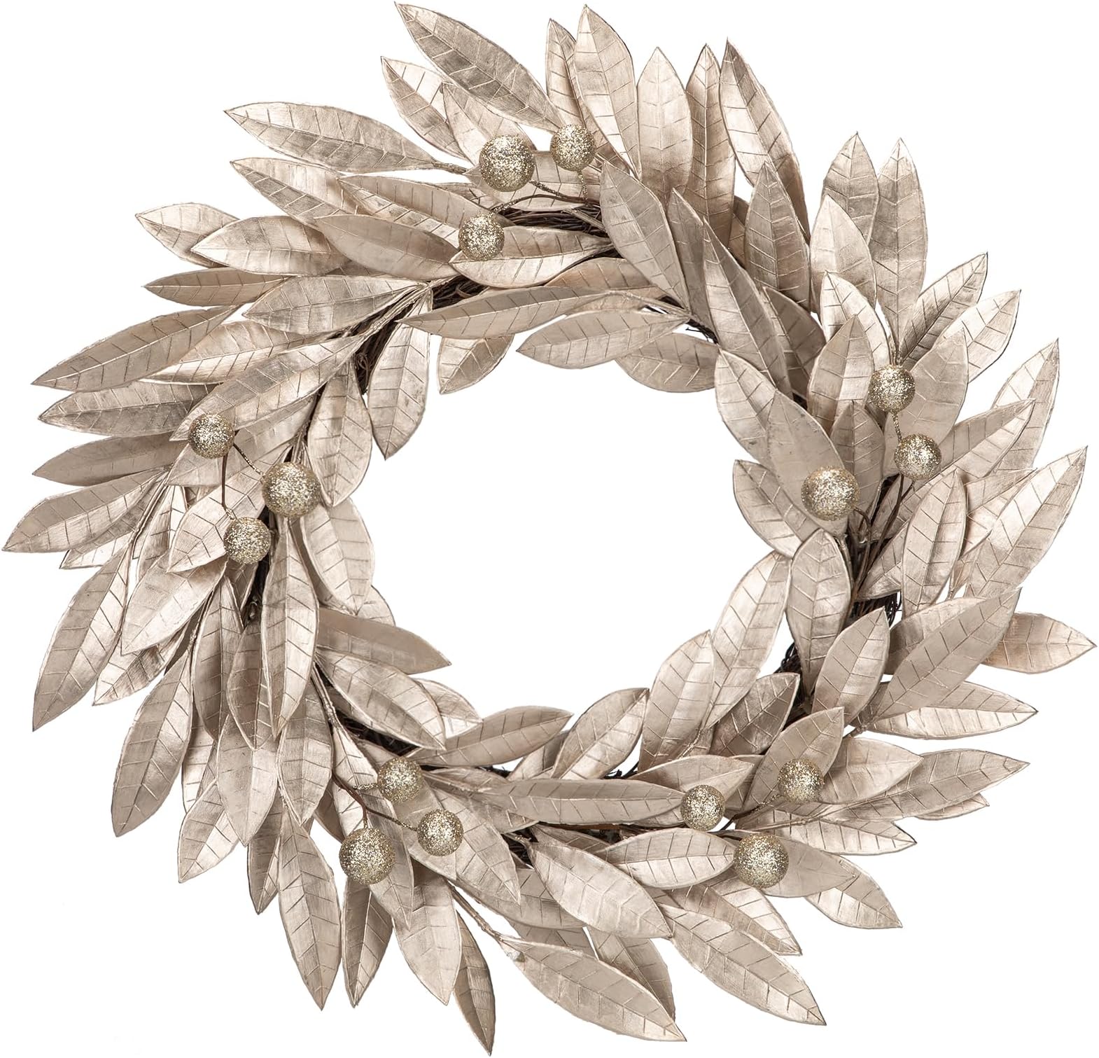 Oairse 16 inch/40cm Champagne Christmas Wreath Artificial Bay Leaves Wreath with Glitter Berries Christmas Wreaths for Front Door for Xmas Decor Wall Kitchen Room Table Indoor Mantel Decorations