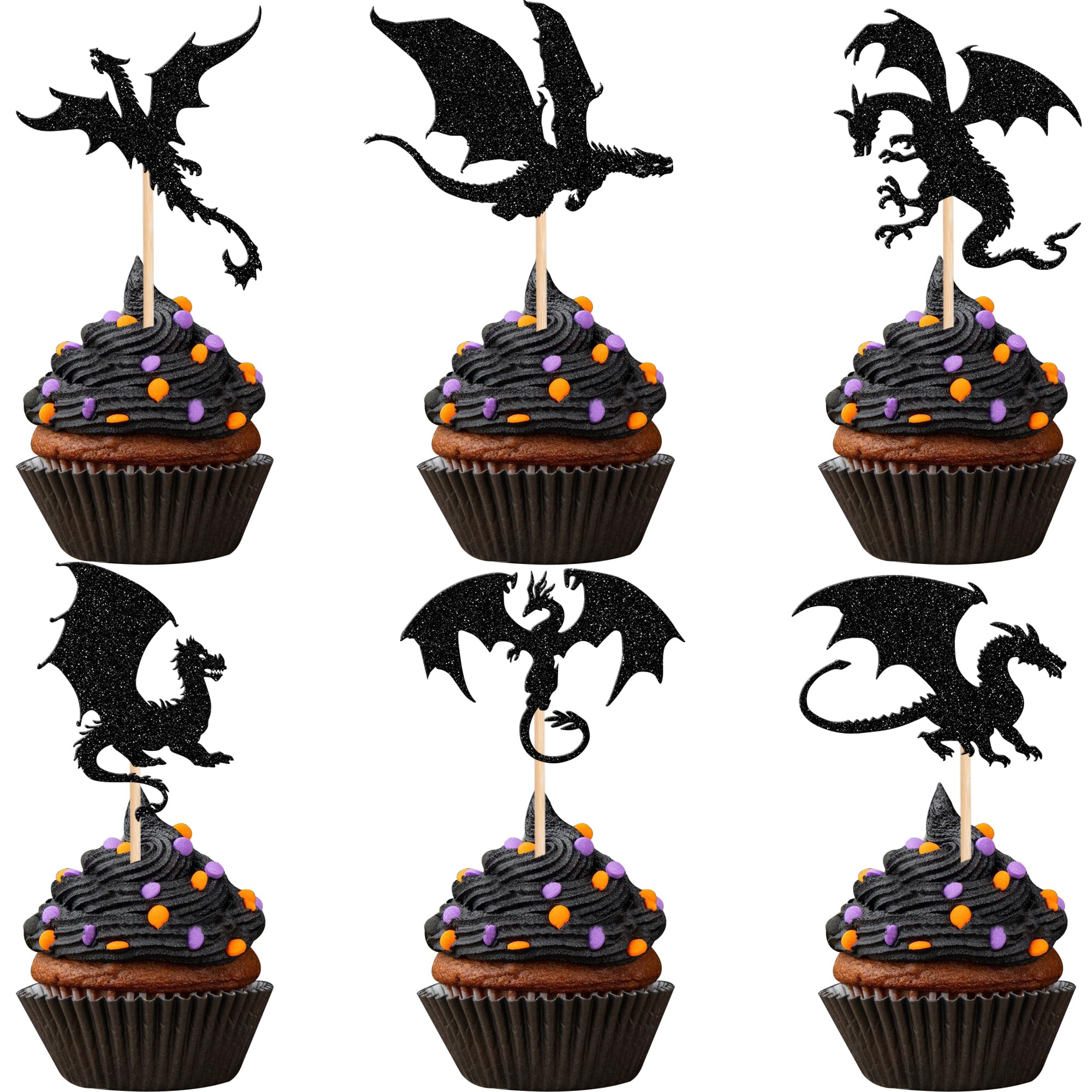 Ercadio Paquete De 24 Adornos Para Cupcakes De Dragón Con Purpurina Negra De Dinosaurio Para Baby