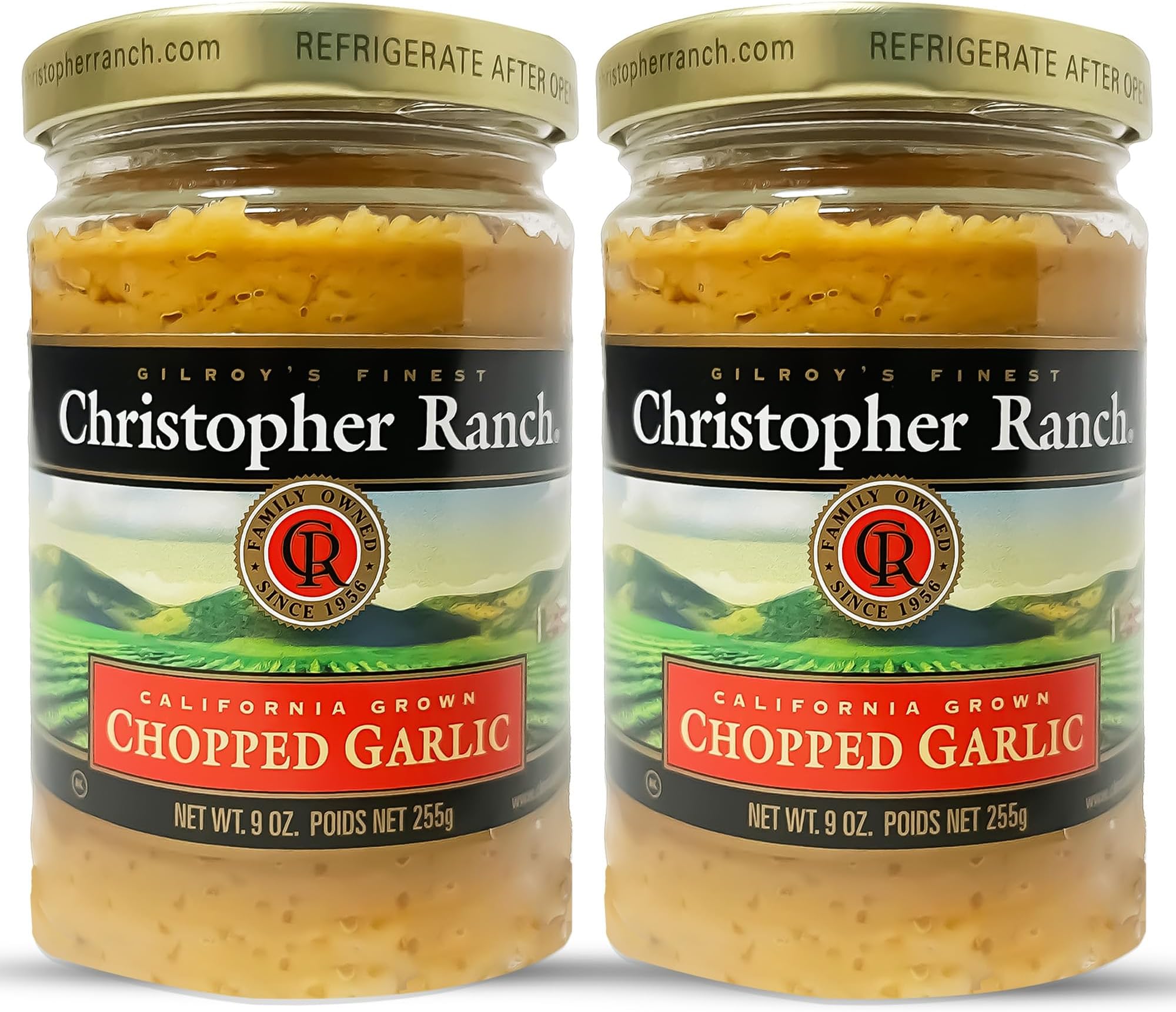 Chopped Garlic in Olive Oil, California-Grown Fresh, Ready-to-Use, Premium Quality, Gluten-Free, Vegan-Friendly, Pantry Essential, 9 oz Jar, 2-Pack