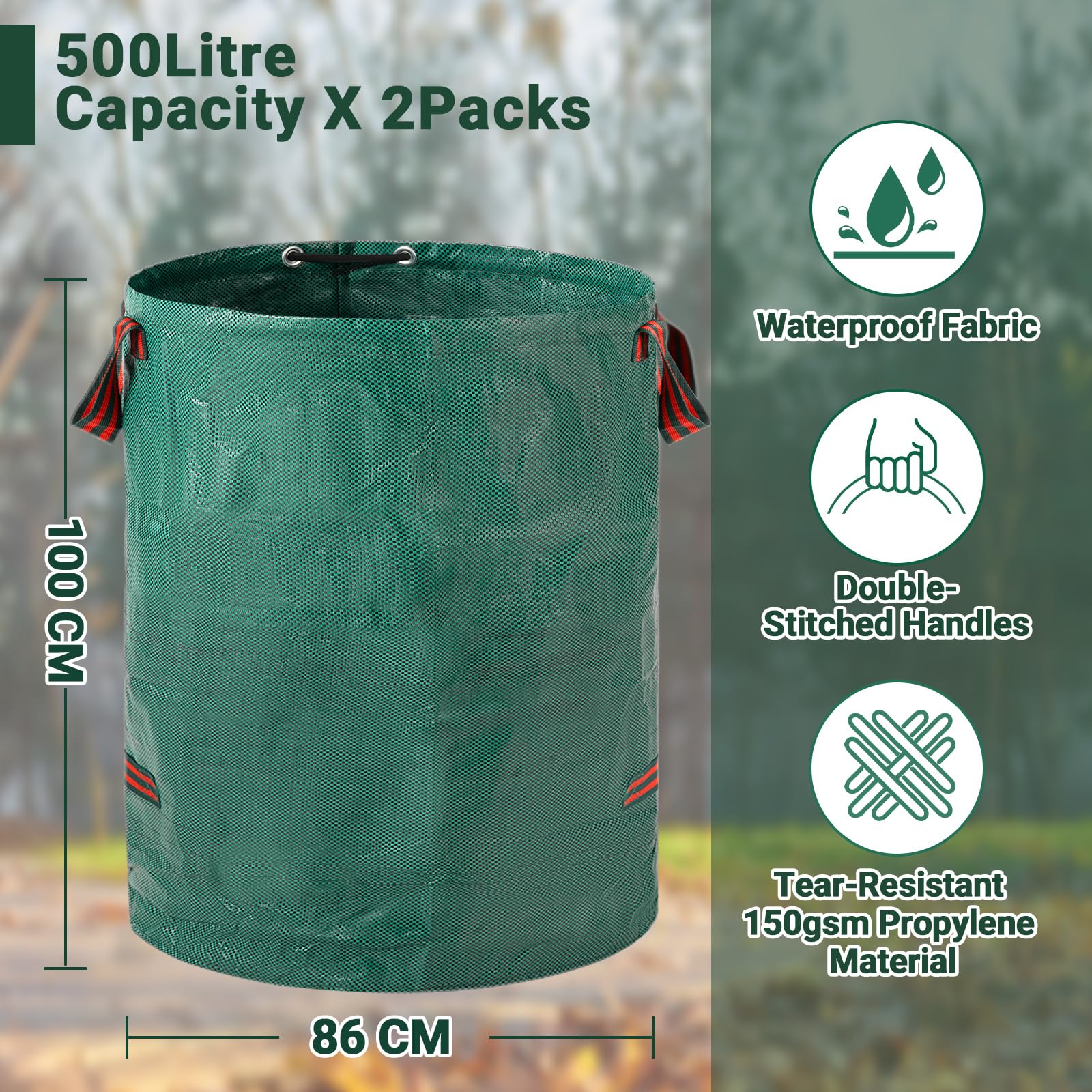 Velway Heavy-duty Garden Waste Bags, 500L x 2Pack Reusable Garden Sacks with Handles - Image 2