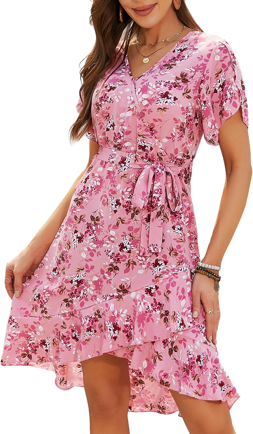 Womens Wrap V Neck Short Sleeve Dress 2025 Summer Floral Boho Dress Ruffle A Line Flowy High Low Midi Dresses