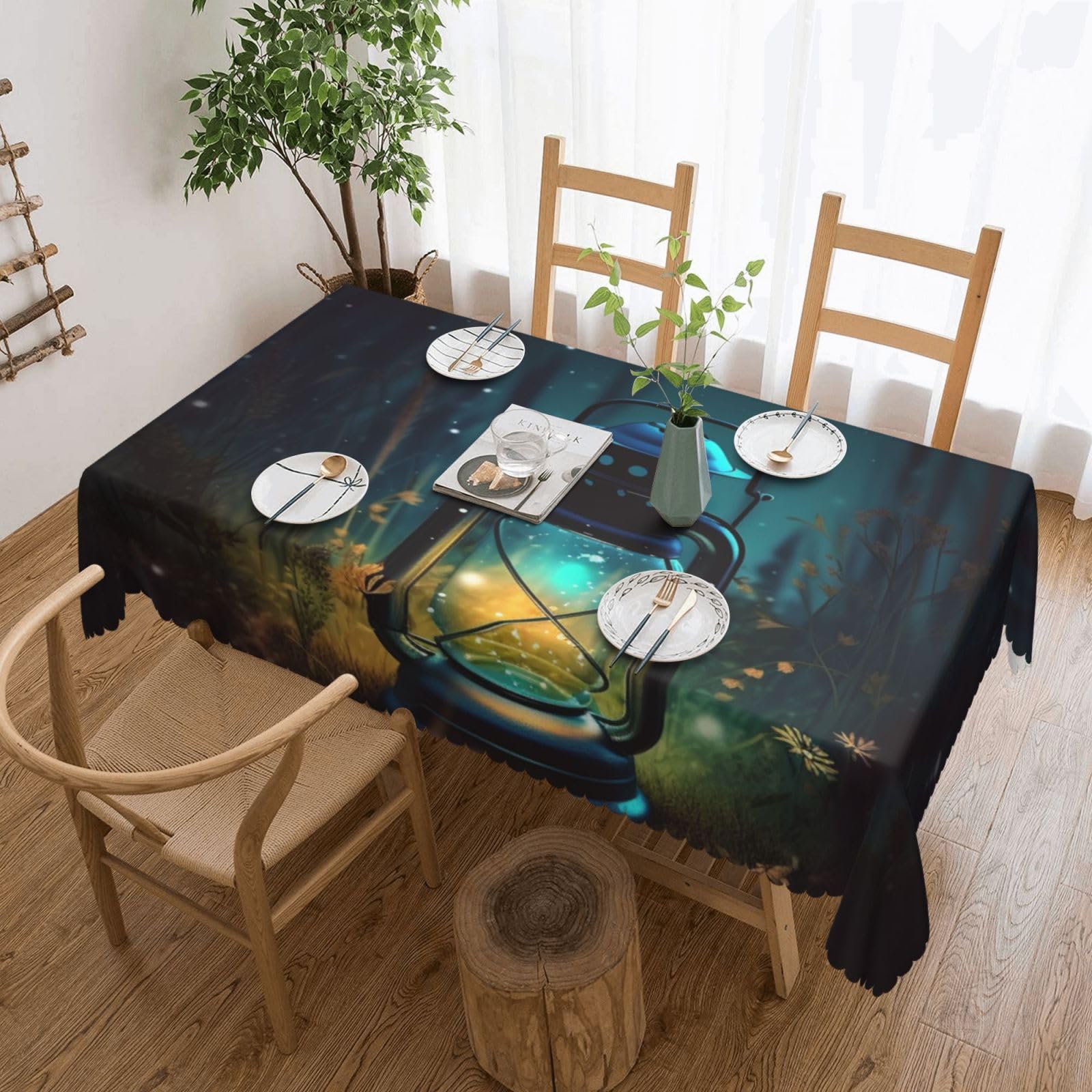 Nappe rectangulaire 137x183 motif lucioles lanterne table jardin et salon