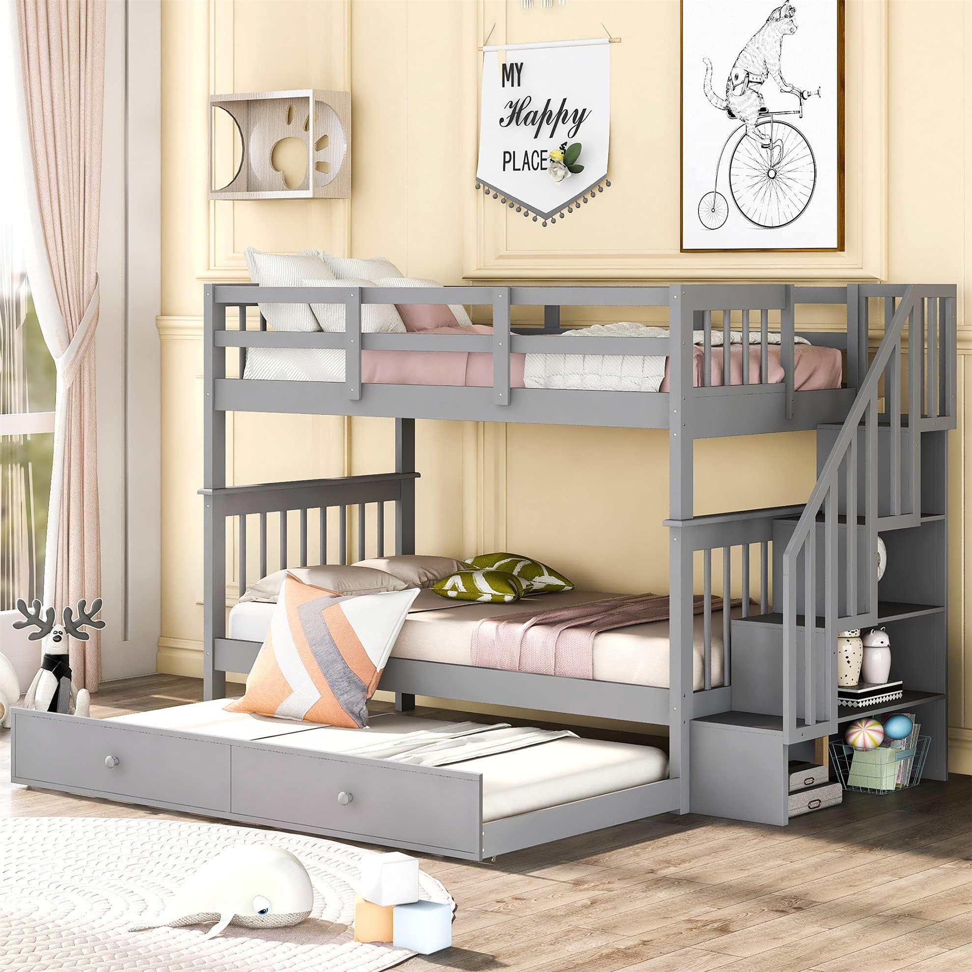 Harper & Bright Designs Twin Over Twin Bunk Bed with Stairs and Trundle, Solid Wood Stairway Bunk Bed Frame with Storage, for Kids Teens Adults – Gray