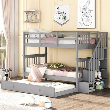 Harper & Bright Designs Twin Size Bunk Bed with Storage Stairs and Trundle, Solid Wood Bunk Bed with Safety Guardrails and Slat Support, Convertible to 2 Beds, No Box Spring Needed, Gray