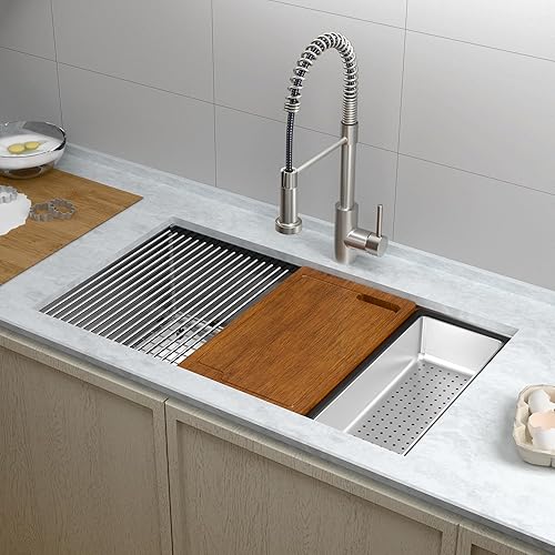Miniatura 27 de Fregadero de cocina de 33 x 22 pulgadas, fregadero de cocina de un solo tazón con grifo extraíble, lavabo de acero inoxidable T-304 de calibre 18