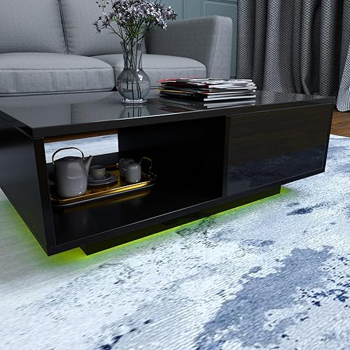 Miniatura 7 de Mesa de centro LED negra para sala de estar con cajón y 16 luces de colores, mesa de centro moderna de alto brillo de 43.3 pulgadas con espacio de