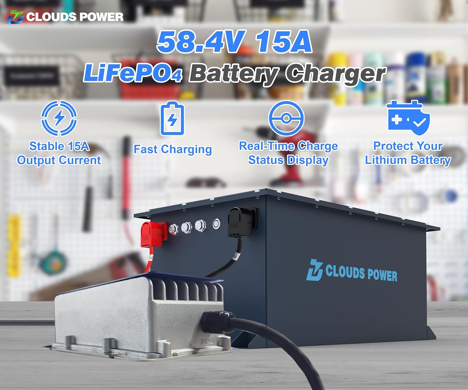 DC 58.4V 15A Lithium Battery Charger for 48V (51.2V) LiFePO4 Battery, Waterproof LFP Charger with Charging Indicator, Widely Used for 48V Golf Cart, Lawn Mower, RV, Trolling Motor