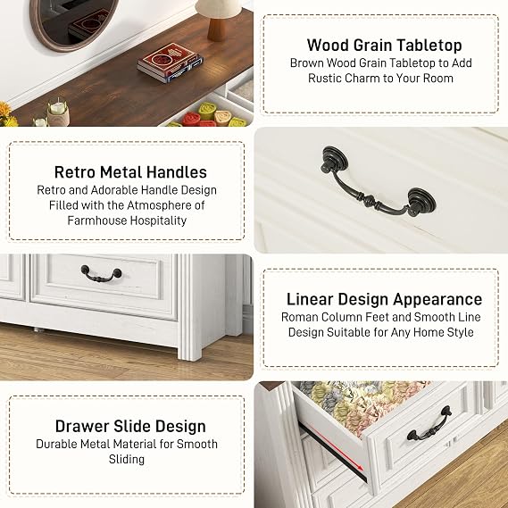 chartustriable Farmhouse 12 Drawer Dresser for Bedroom, 63 Wood Chest of Drawers with Rustic Handles, Wide Closet Dressers Organizer, Living Room, Hallway, Bedroom Furniture, Antique White