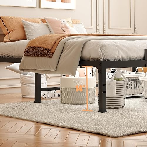 Miniatura 27 de FUIOBYVV Marco de cama King con plataforma de metal resistente de 14 pulgadas, soporte de cama tamaño King de hasta 3500 libras, no necesita somier,