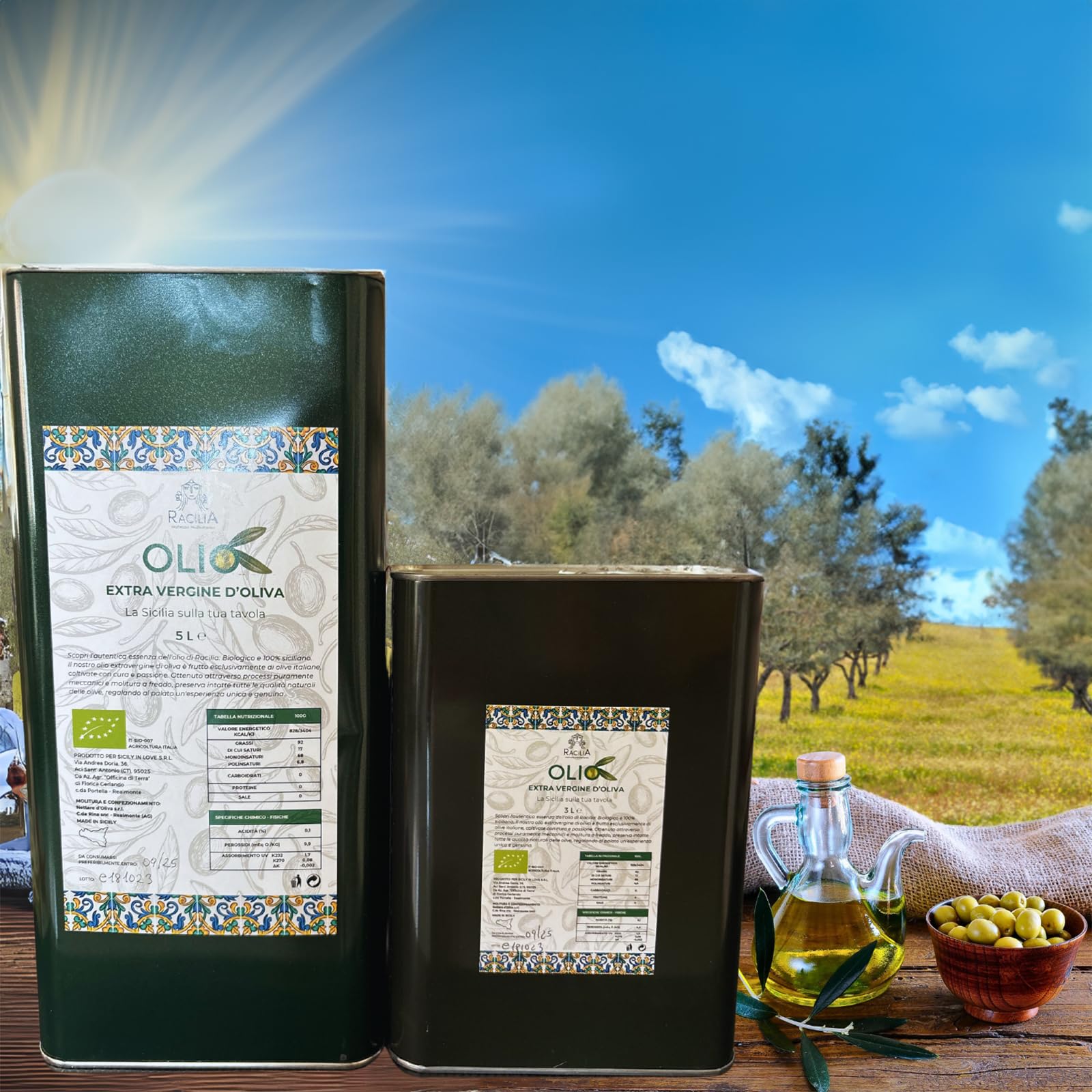 RACILIA Organiczna Oliwa z Oliwek 8 Litrów, Extra Virgin 100% Włoska 8L Puszka Evo Tłoczona Na Zimno z Sycylii, Ekstrahowana z Pierwszego Tłoczenia - Idealne Do Sałatek i Dań Kuchni Sródziemnomorskiej