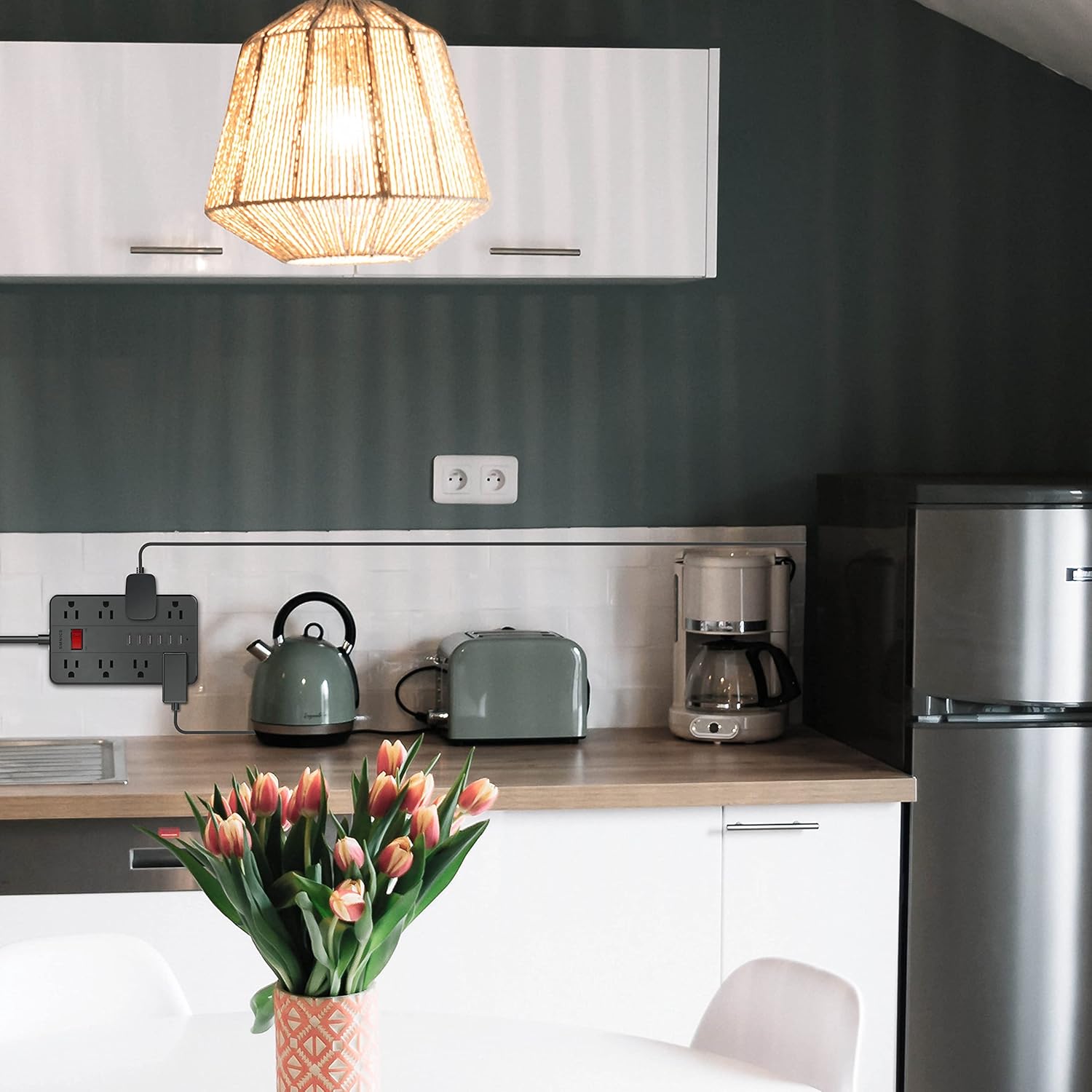 10 Ft Extension Cord Surge Protector, SMNICE 8 Widely Spaced Outlets and 6 USB (1 USB C) Charging Ports Flat Plug Power Strip, Desktop Power Cord for Travel Home Office Accessories Black