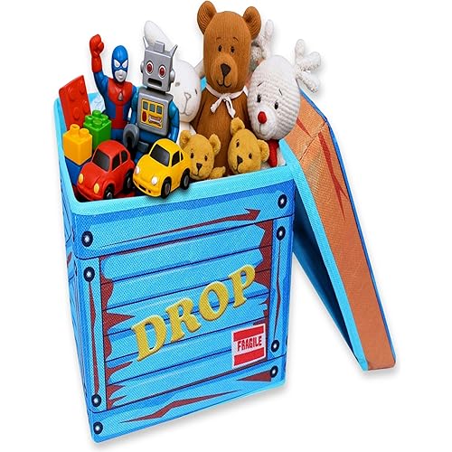 Skywin TidyFriend Large Fabric Loot Box with Lid 18”x14”x14”, Durable & Collapsible Toy Storage, Toy Chest and Storage Basket for Stuffed Animal Storage, Gaming Gear, Gift Basket - Fun Bright Colors