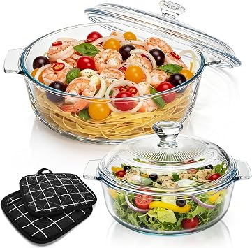 2 Pack Glass Casserole Dish with Lid, 1.8Qt and 0.8Qt Round Clear Baking Dishes for Oven, Covered Microwave Bowl with Handles, Tempered Glass Cookware with 2 Pot Holders, Dishwasher Safe
