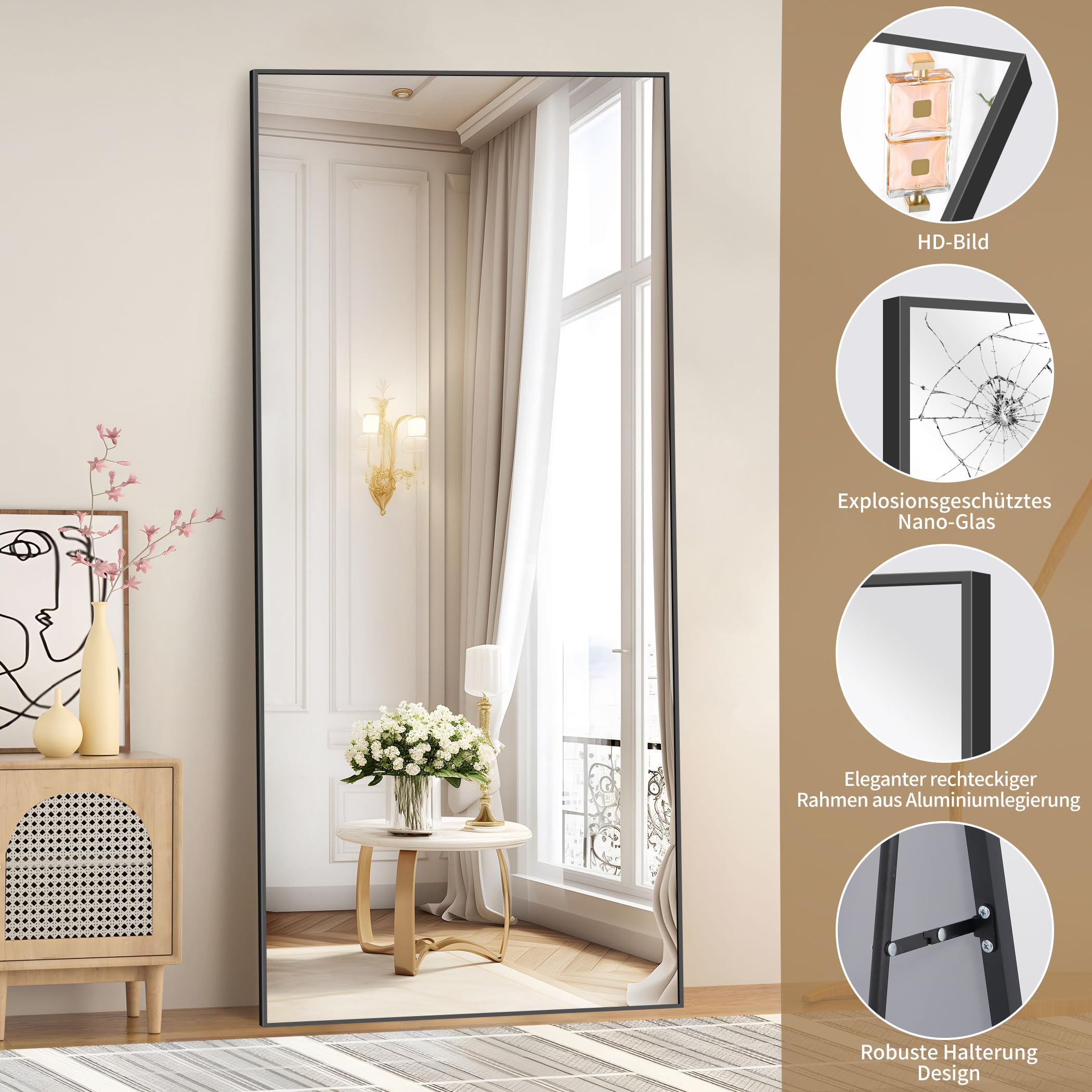 KOCUUY Rechteckig Ganzkörperspiegel, 192 x 85 cm Großer Standspiegel, Groß Wandspiegel mit Schwarz Aluminium Rahmen, Hängend, Stehend, Kippbar, für Wohnzimmer, Schlafzimmer und Flure