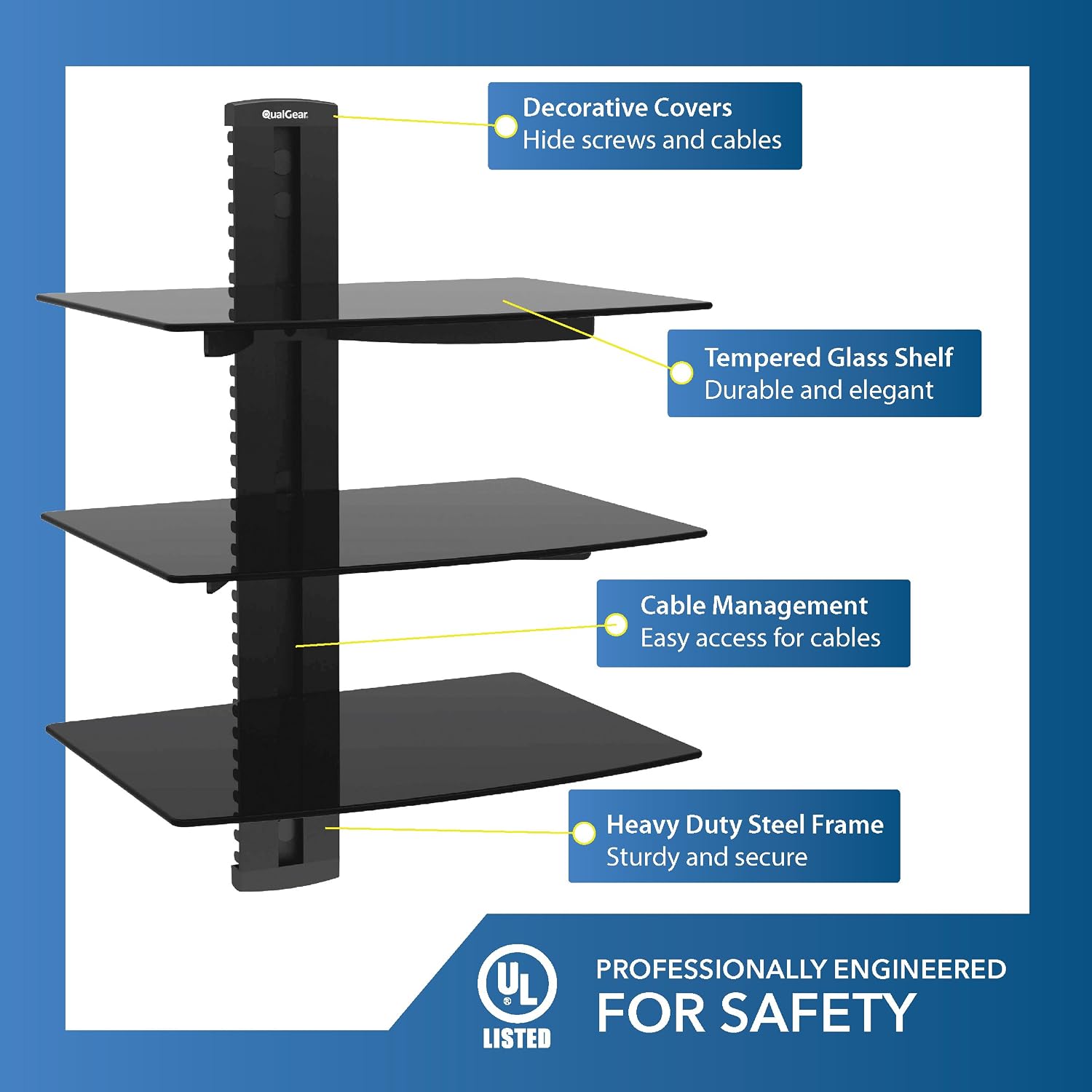 Best QualGear Universal Triple Shelf Wall Mount for A/V Components Upto 8Kgs/17.6Lbs(X3), Black (Qg-dB-003-Blk)