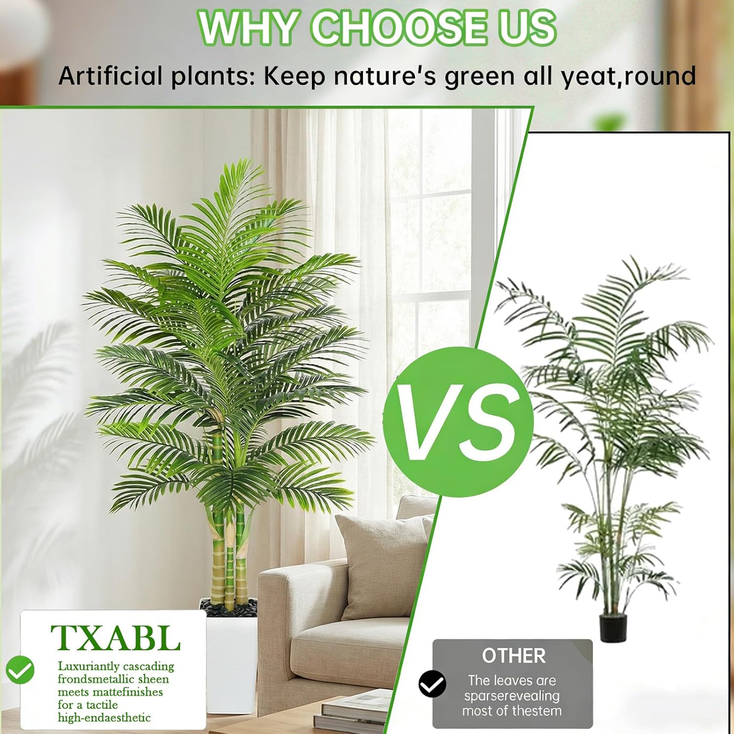 Artificial Golden Cane Palm Tree 7FT, Fake Palm Tree with Three Realistic Trunks and Lifelike Palm Leaves, Faux Palm Plant for Indoor Home Décor with White Planter - Image 6