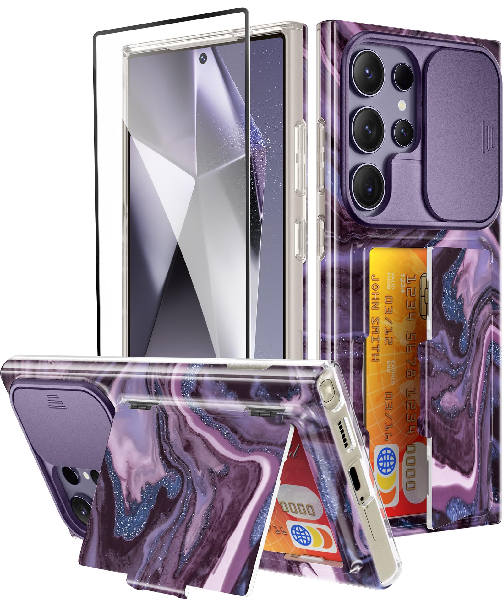 GVIEWIN Designed for Samsung Galaxy S24 Ultra Case with Slide Camera Cover, [Card Holder(3 Cards)] [Screen Protector] Marble Shockproof Protective Kickstand Phone Case 5G 6.8" (Quicksand/Purple)