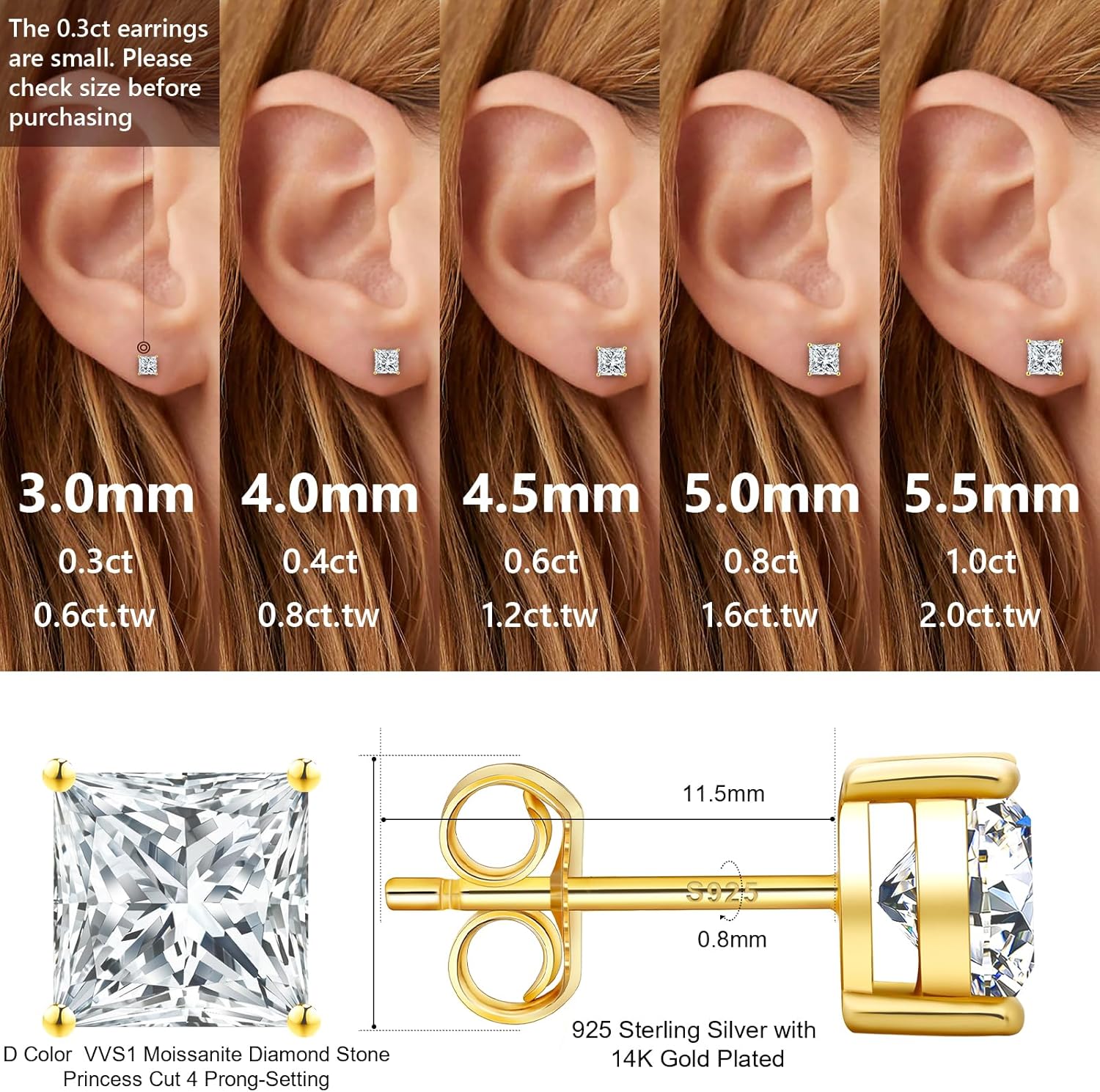 KRKC&CO Princess Cut Moissanite Earrings Studs for Women, Anniversary/Birthday/Valentine's Day Gift for Her, 925 Sterling Silver, D Color, VVS1, 0.6ct-2ct, White Gold Plated & Gold Plated - Image 3