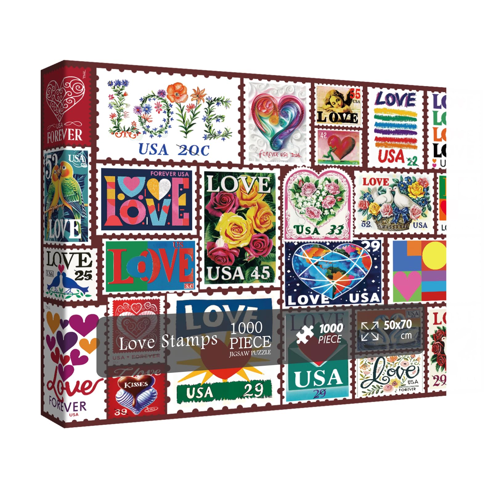 Love Heart Stamps Puzzles 1000 Pieces for Adults, Colorful Valentines Jigsaw Puzzle, Romantic Collage Puzzles for Father's Day and Mother's Day