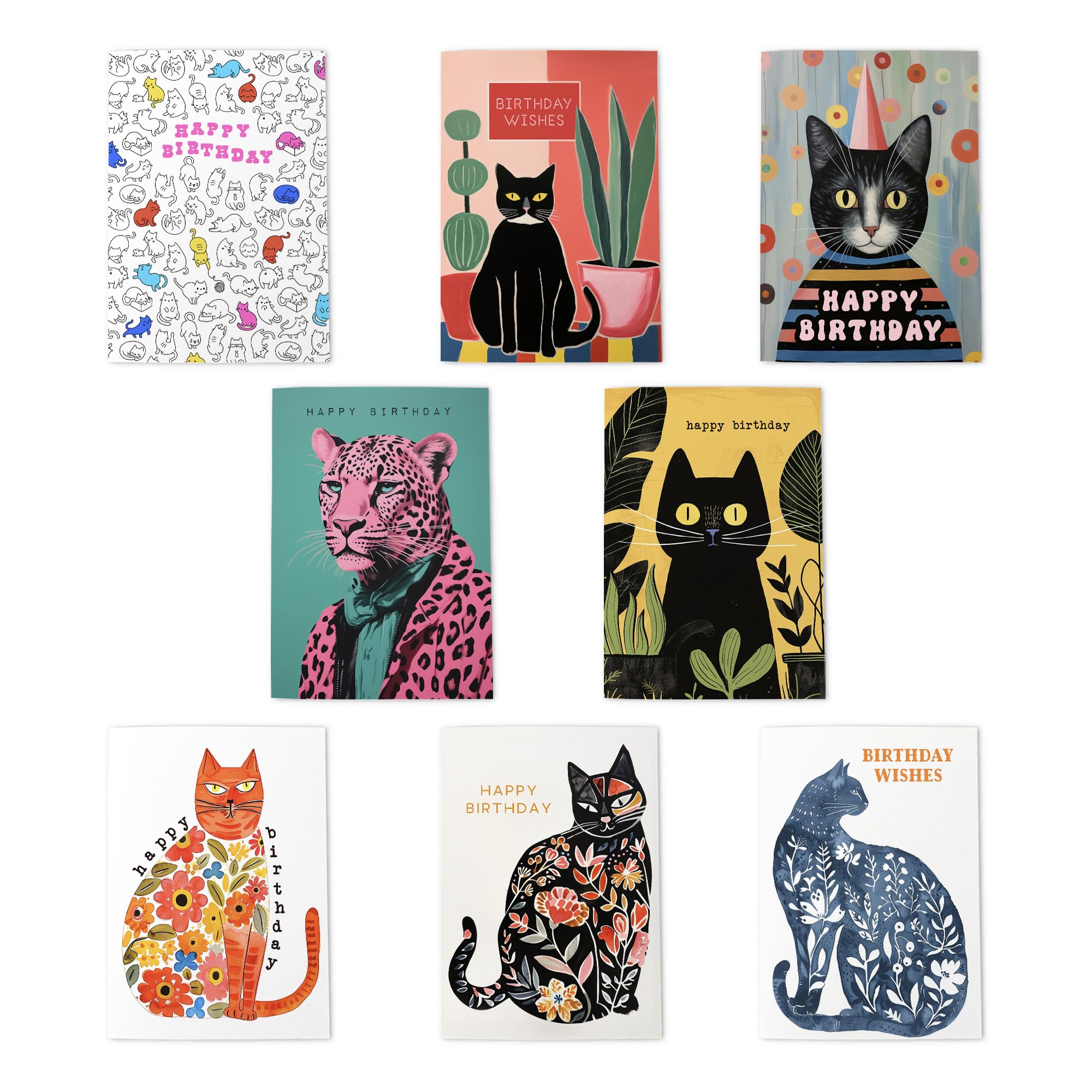 Cat Lover Birthday Multipack Of 8 Greeting Cards Cute Feline Themed Celebration Designs 8 Assorted Cards Blank Inside A6 Size - 10x15 cm