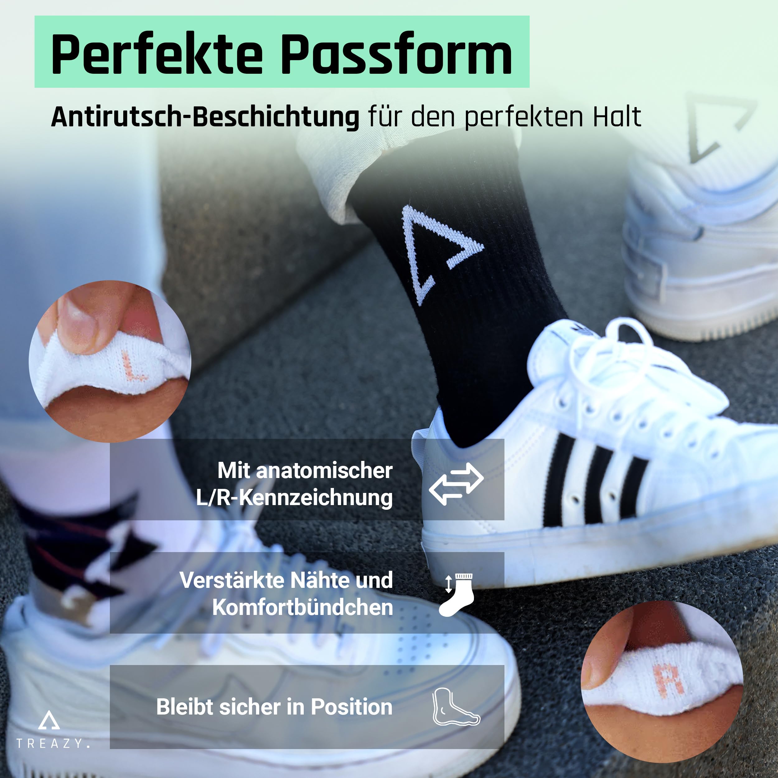 TREAZY Tennissocken Crew Socks aus Bio-Baumwolle – Schweiß und blasenfrei dank extra Lüftungskanälen sowie anatomischer Passform – besonders langlebig