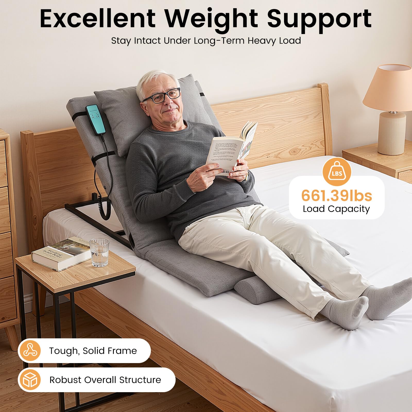 Respaldo Eléctrico Elevable con Mando a Distancia, Respaldo de Cama Electrico Ajustable de 2 a 80°, 300 kg de Capacidad de Carga, Respaldo Cama Elevable con Almohada, Gris