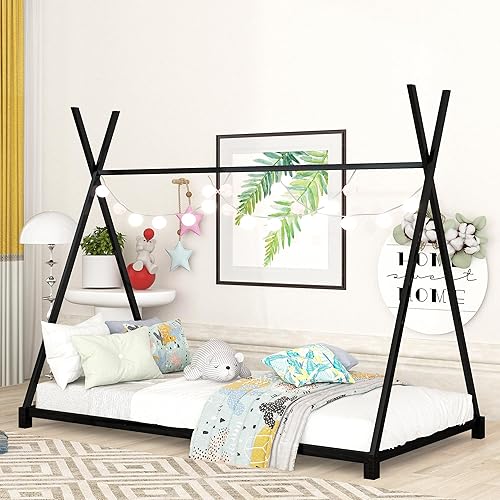 Montessori Floor Bed Frame Twin Size, Twin Floor Bed with Slats and Triangle Structure, Kids House Floor Bed/Montessori Bed for Kids, Girls, Boys, Twin Floor Bed Black