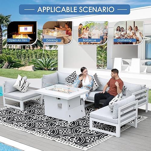 Miniatura 559 de NICESOUL 7 Piece White Powder-Coated Aluminum Patio Furniture with Fire Pit Table, 29 Inch Extra Wide Outdoor Sectional Sofa for 6, High-End Heavy