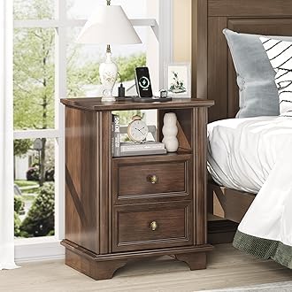 VINGLI 19.7" Nightstand with Charging Station, Wood Nightstand with Drawers, Night Stand for Bedroom, Bed Side Table, End Table, Brown, 19.69" W*13.78" D*25.67" H