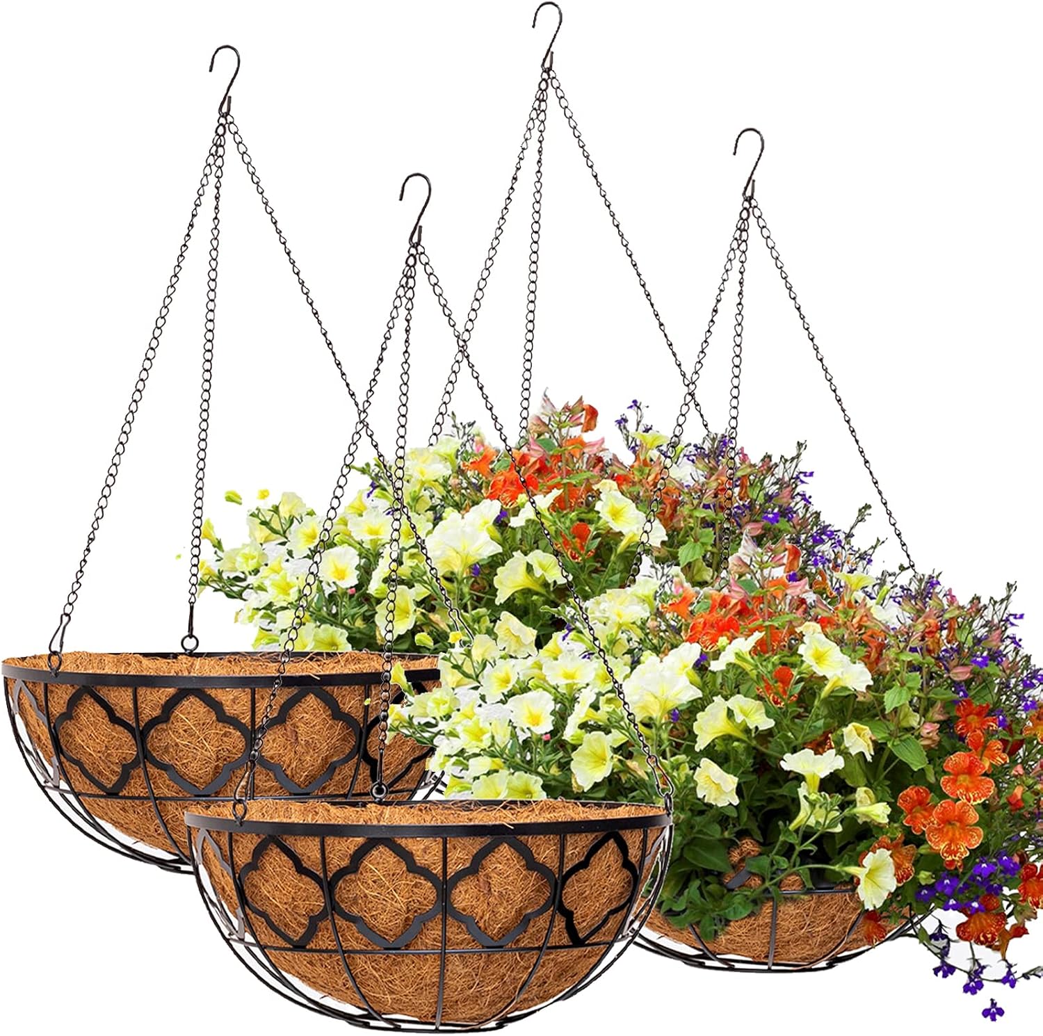 4pcs 12 Inch Hanging Planter Basket with Coco Liner and Chain, 12" Metal Round Wire Plant Holder for Porch Decoration Planter Pot Hanger Watering Hanging Baskets Decor for Indoor Outdoor Garden Lawn