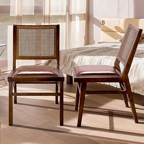 MeetLeisure Juego de 2 sillas de madera de mediados de siglo sin brazos, sillas de madera con respaldo de ratán tejido a mano, adecuadas para sala