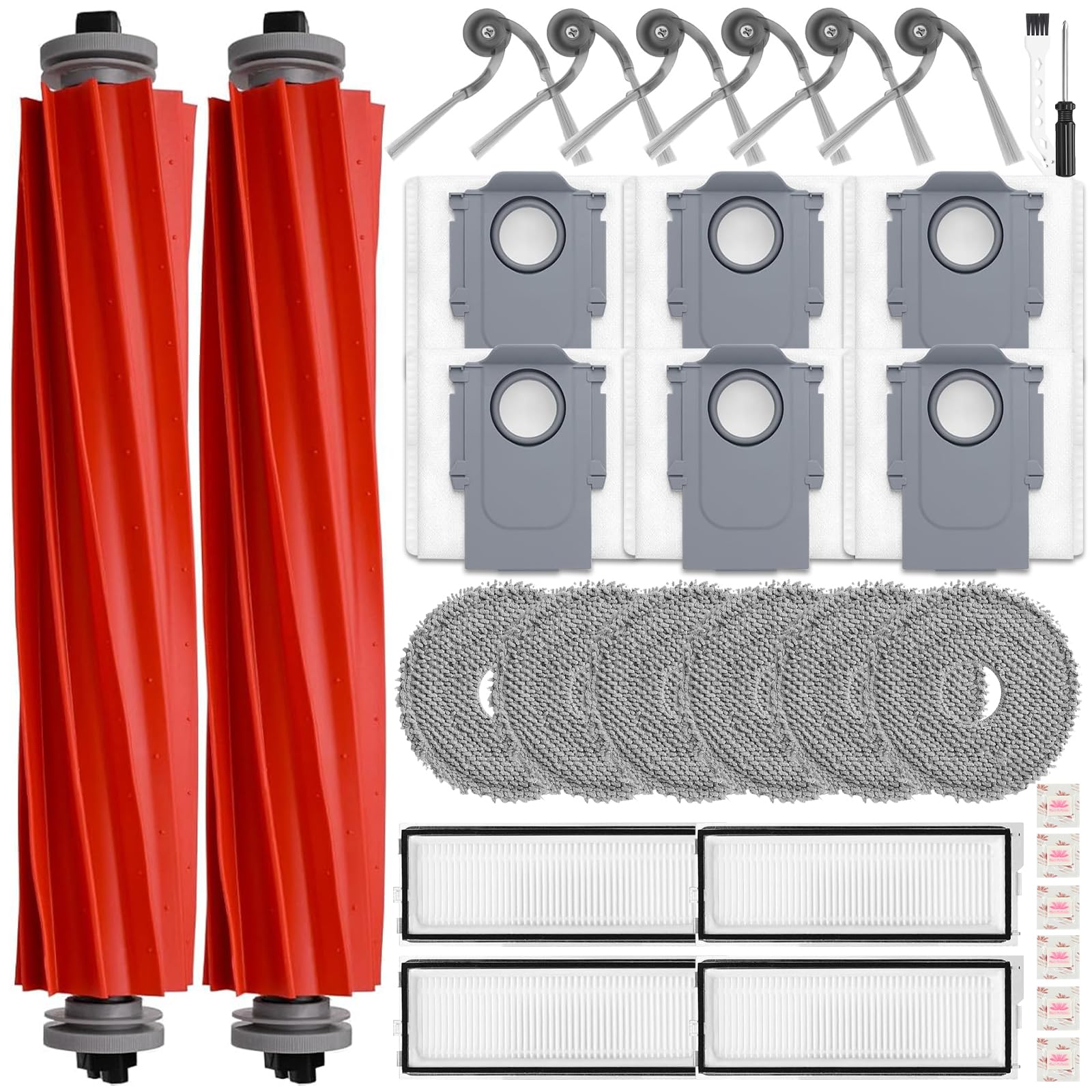 Pure Realm 32 Stück Zubehörset für Roborock QV 35A / QV 35S / QR598 / QR798 Saugroboter, 2 Hauptbürsten 6 Staubbeutel 4 Filter 6 Wischtücher 6 Seitenbürsten 6 Flach-Duftstein, Ersatzteile