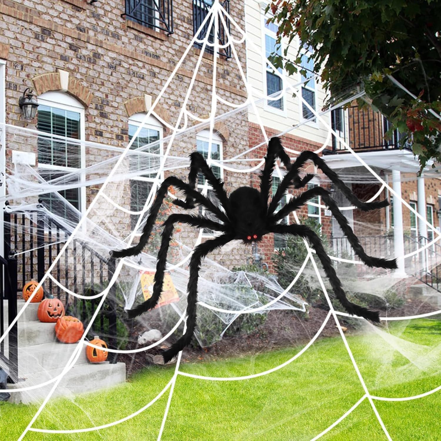 Halloween Spider Web Decoration Set with 30cm Giant Fake Spider, 5m Large Triangular Spiders Web and Hairy Spider Decorations, Indoor Outdoor Halloween Décor for Garden, Porch, Haunted House Party
