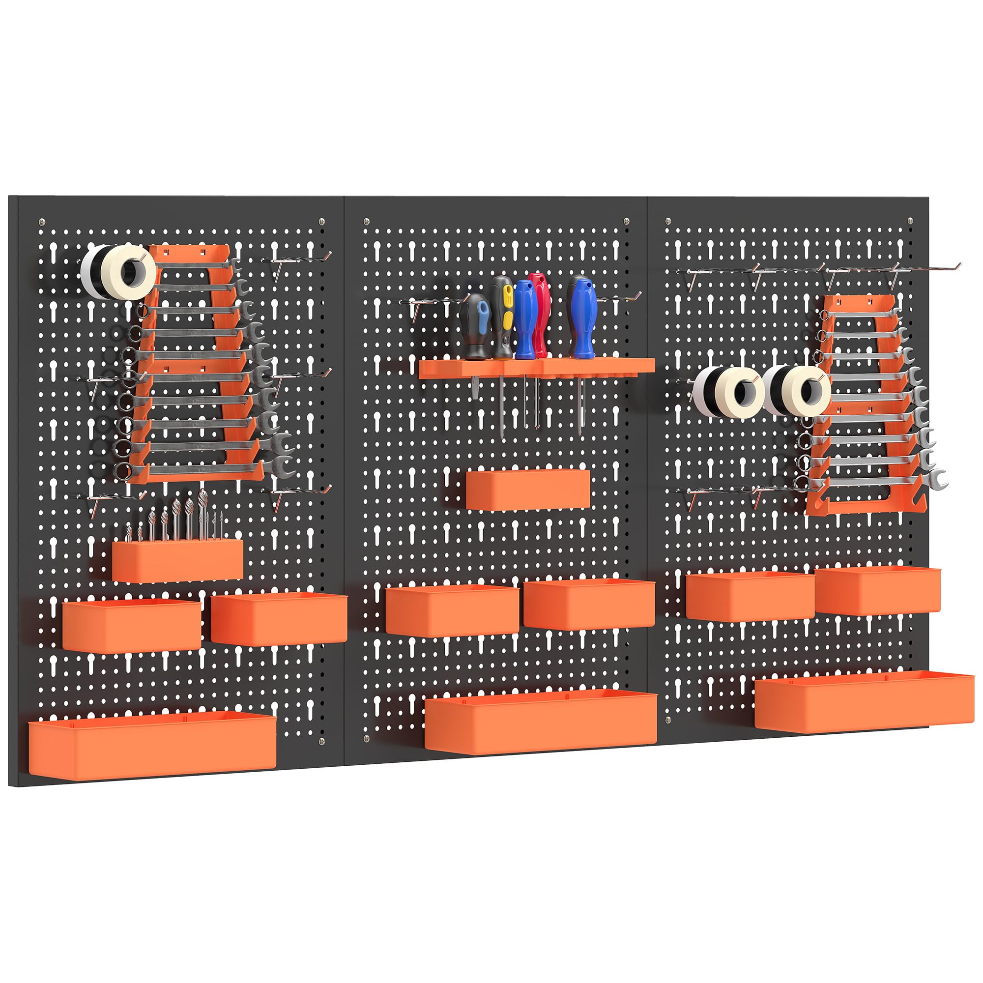 HOMCOM Organizador de Herramientas de Pared 120x60 cm Negro y Naranja | 33 Piezas, Paneles de Herramientas de Pared, Ganchos, Contenedores, Estantes, para Garajes, Cajitas