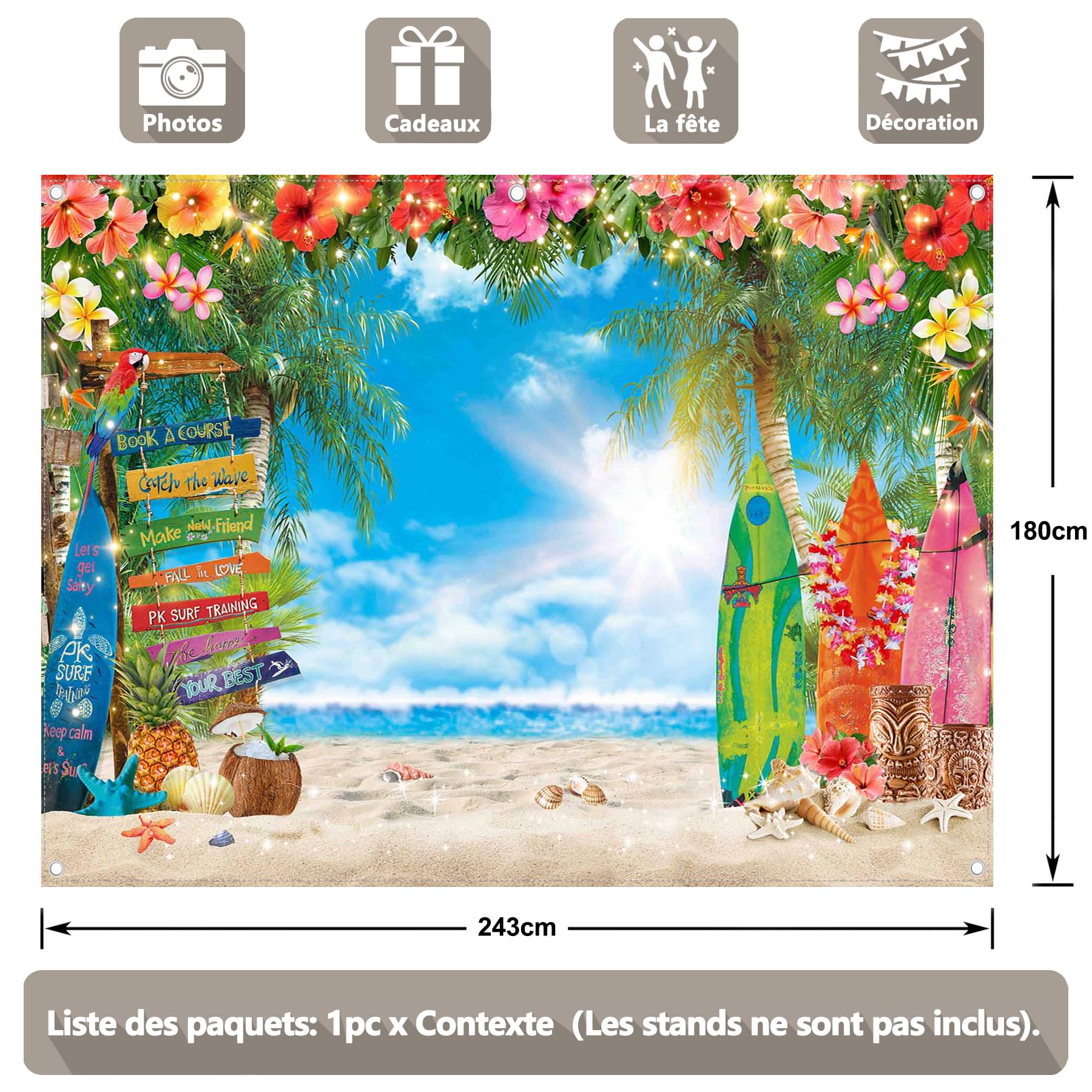 Luminora 2,4 x 1,8 m Été Hawaï Soleil Plage Toile de Fond Fleurs Tropicales Feuilles de Palmier Planche de Surf Fond Aloha Ciel Bleu Mer Décorations de Fête Bannière Photo Booth