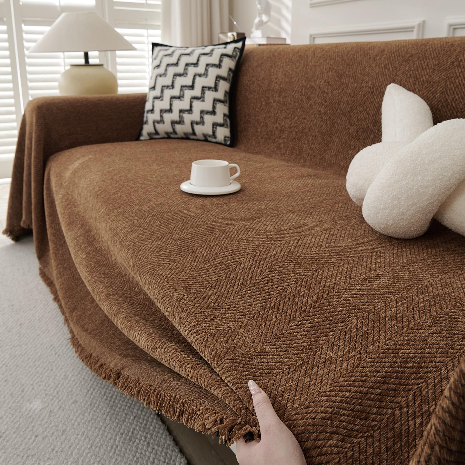 TAOTAOGO Chenille Sofa Large Throw Blanket For 4 Seater Extra Large Throws for Sofa, Soft Throw for Chair Couch and Bed Throw C Chocolate 180x380 โ image 1