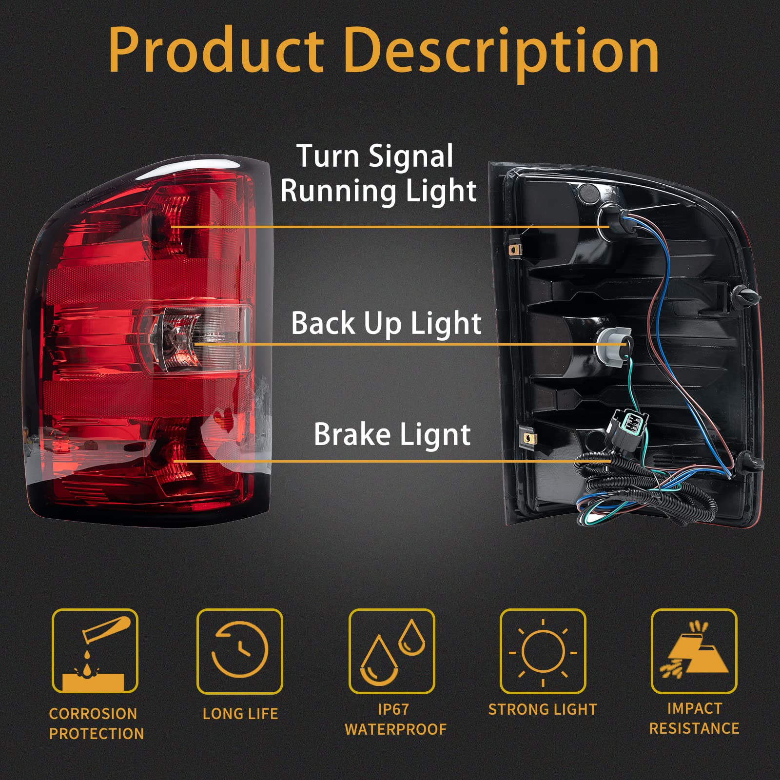 MiKaFex Tail Light Assembly Compatible With 2007-2013 Chevy Silverado 1500 2500HD 3500HD Driver and Passenger Side With Bulb Inside and wiring harness