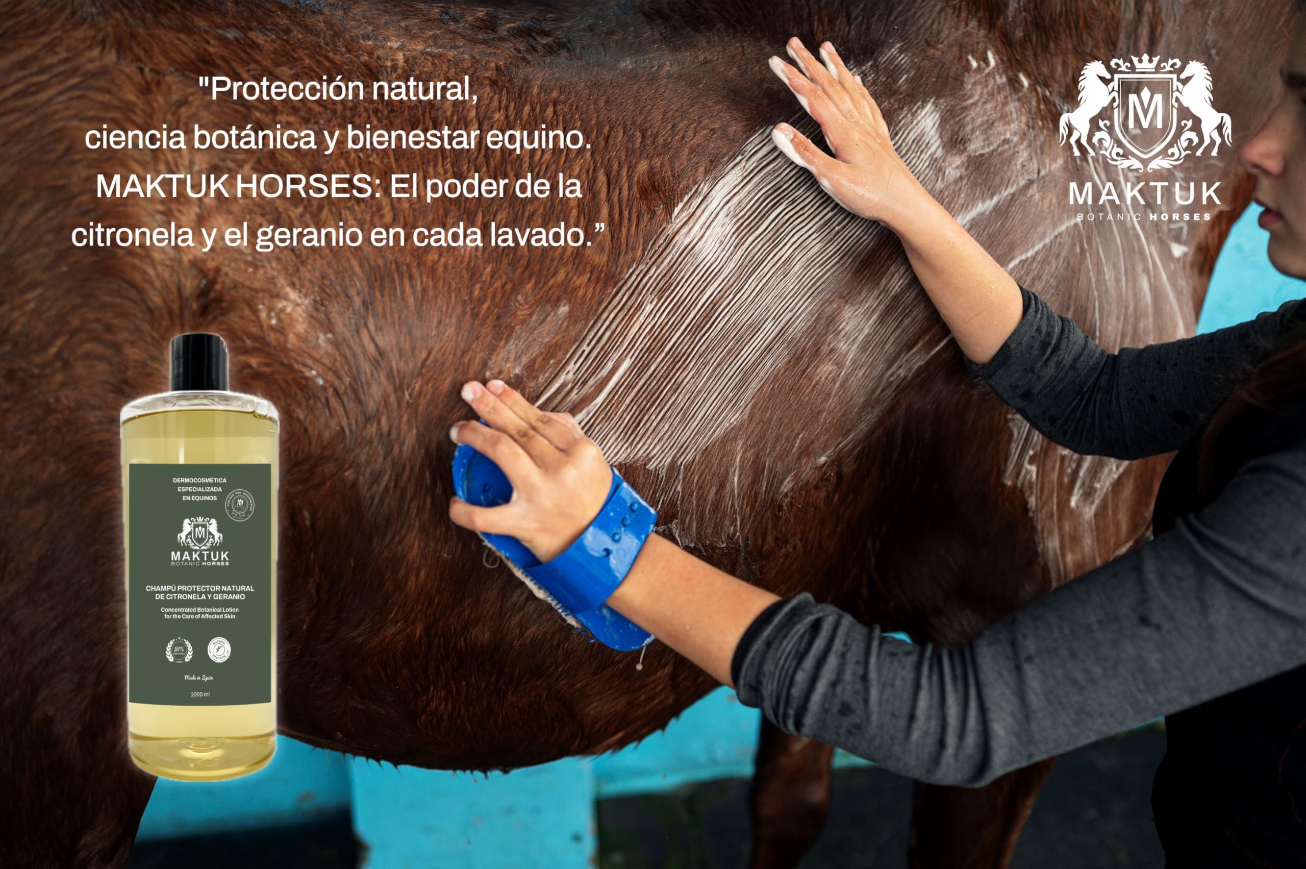 Champú para Caballos con Citronela y Geranio - Repelente de Insectos Natural - Pelo Suave y Brillante - Champú para Equinos, Mantiene Alejadas Moscas y Tábanos - 1000 ml