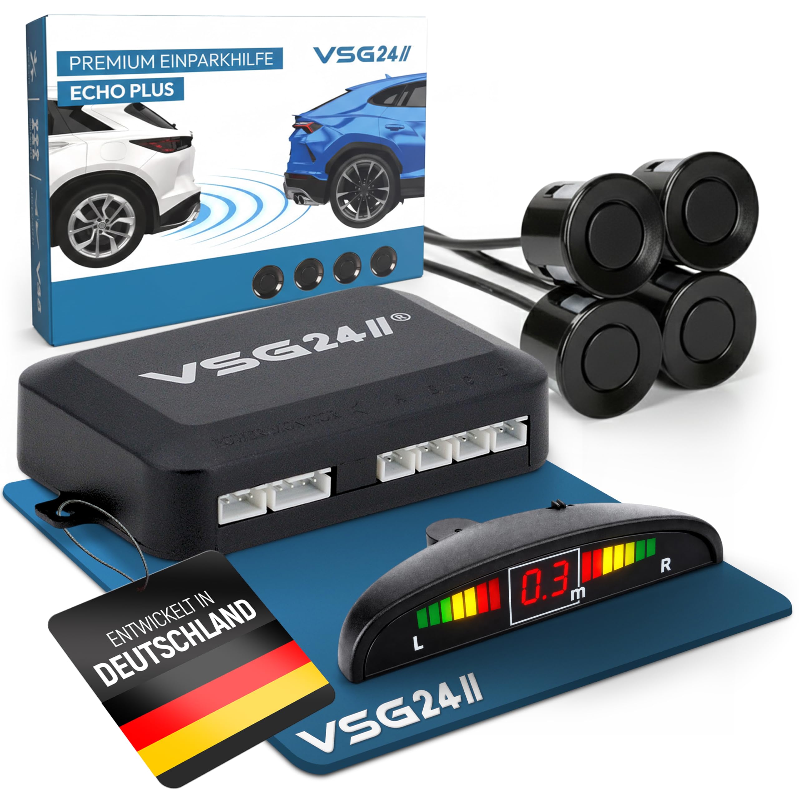 VSG24 Einparkhilfe Set hinten mit Display und 4 Sensoren – robuste PDC Parkhilfe für Auto, SUV & Transporter – optischer & akustischer Rückfahrwarner, 30–150 cm Reichweite – 12V Nachrüstsystem