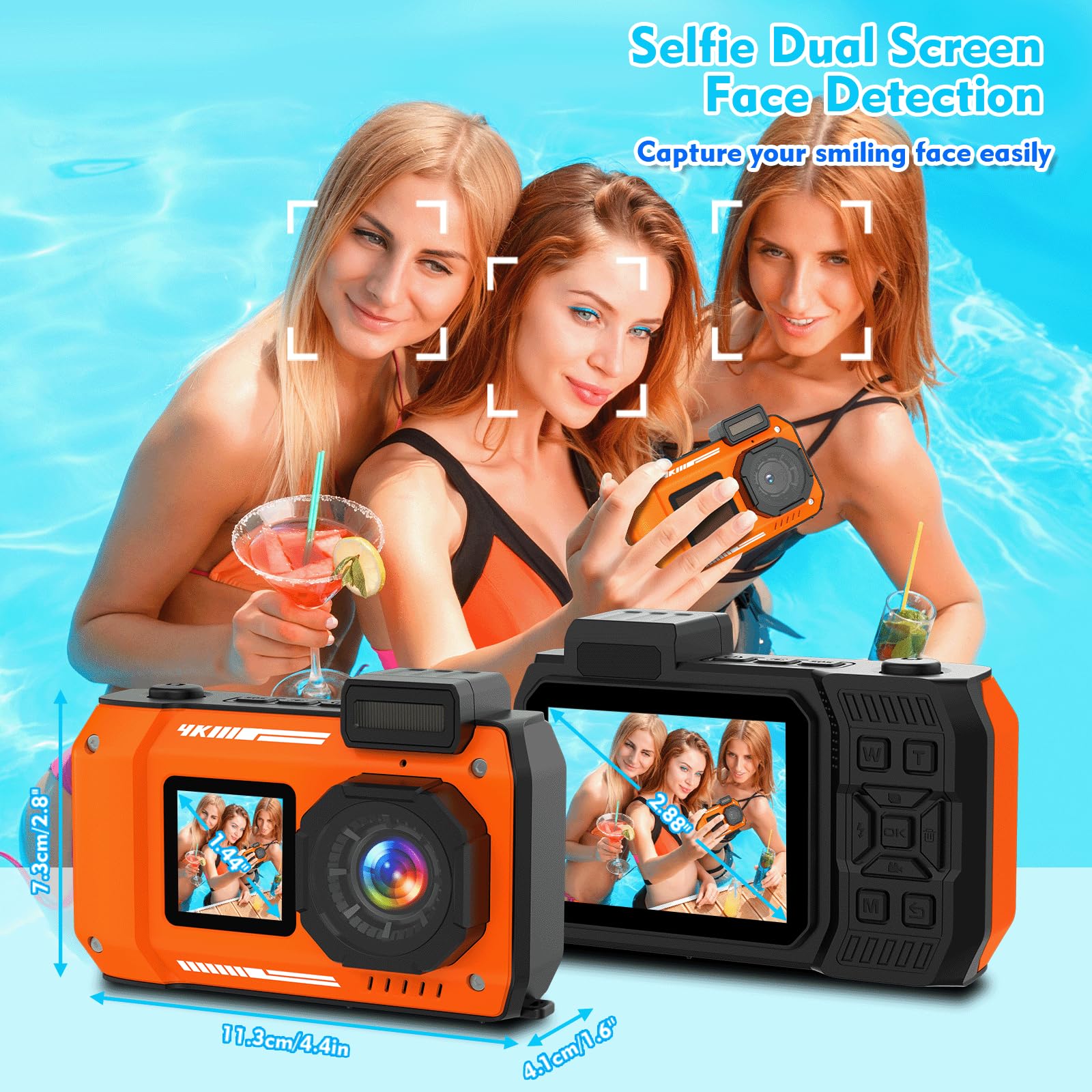 Cámara subacuática de 33 pies/10 m, cámara Digital Impermeable 4K 48MP con Tarjeta de 32 GB, Doble Pantalla, Resistente, a Prueba de Polvo, a Prueba de Golpes, Enfoque automático, cámara Digital para