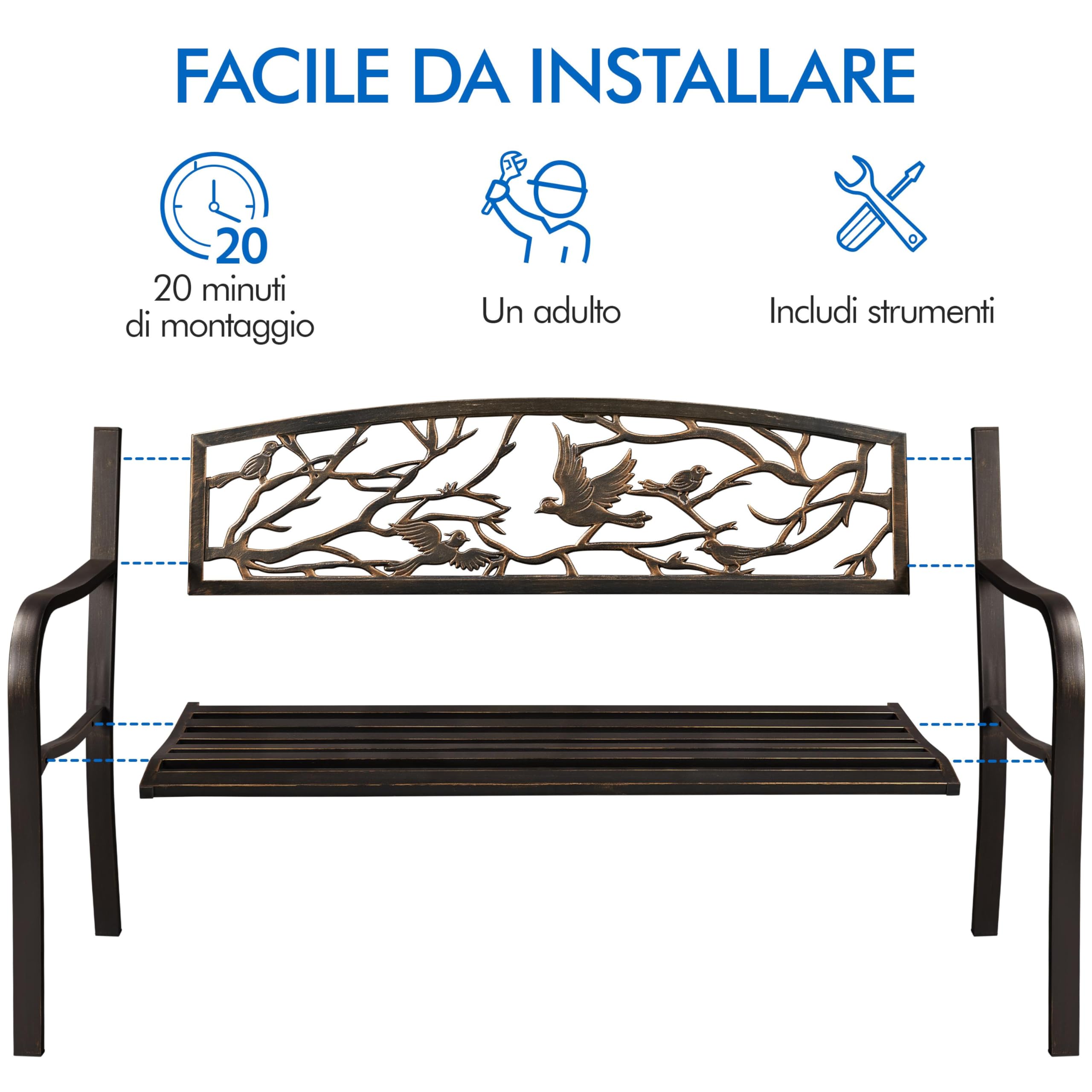 Yaheetech Panca da Giardino in Ferro 127 cm × 52 cm × 86 cm Panchina da Patio con Braccioli Schienale con Motivi Primaverili Portata 180 kg Bronzo