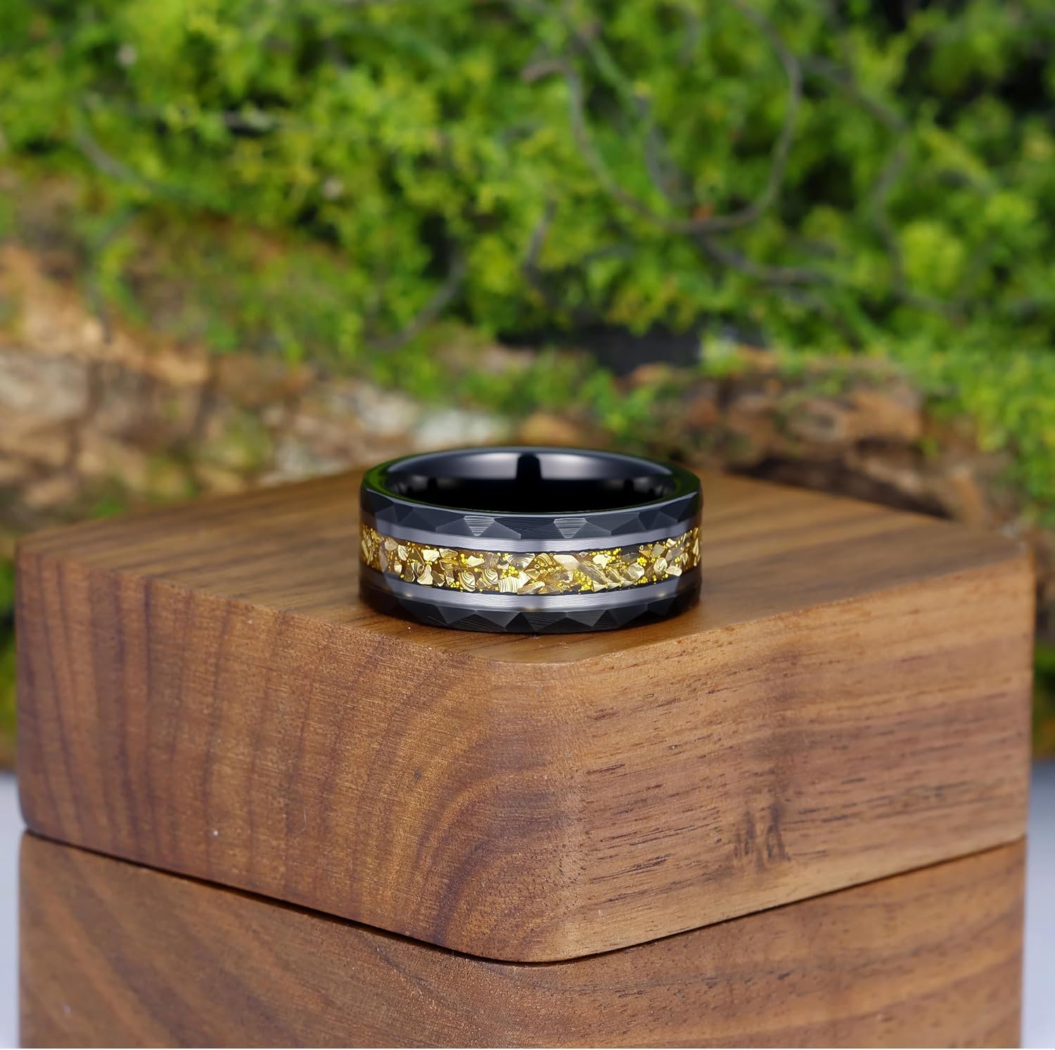 8mm Mens Black Gold Plated Tungsten Wedding Bands Rings Hammered Synthetic Aquamarine Anniversary Rings for men March Birthstone Promise Rings for Him Size 7-14 - Image 2