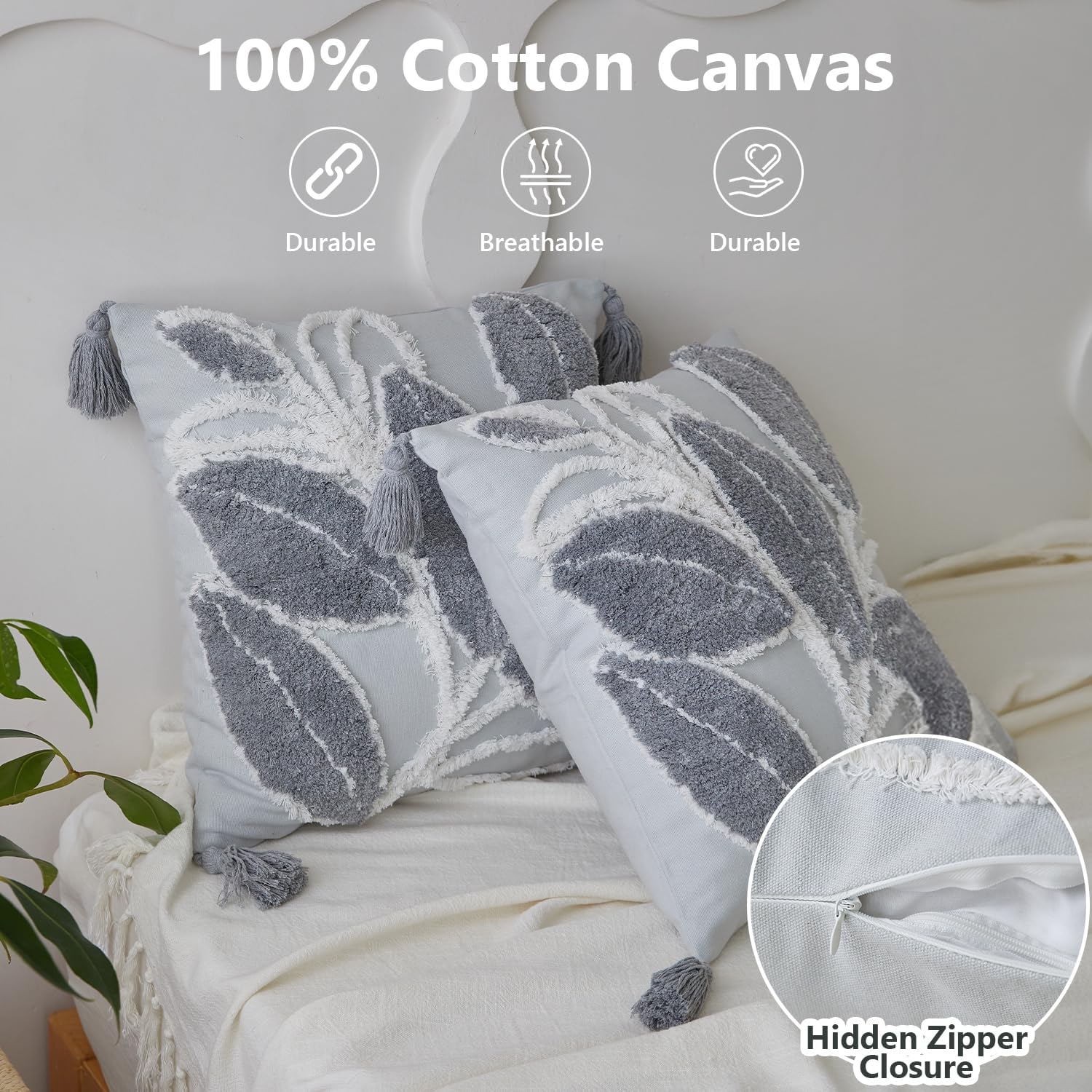Simple&Opulence Boho Throw Pillow Covers 18x18 Set of 2, Tufted Jacquard Cotton Canvas Cushion Cases with Tassels, Cozy Farmhouse Textured Pillowcase for Outdoor Couch Bed Car Decor(Grey Leaf Plant)