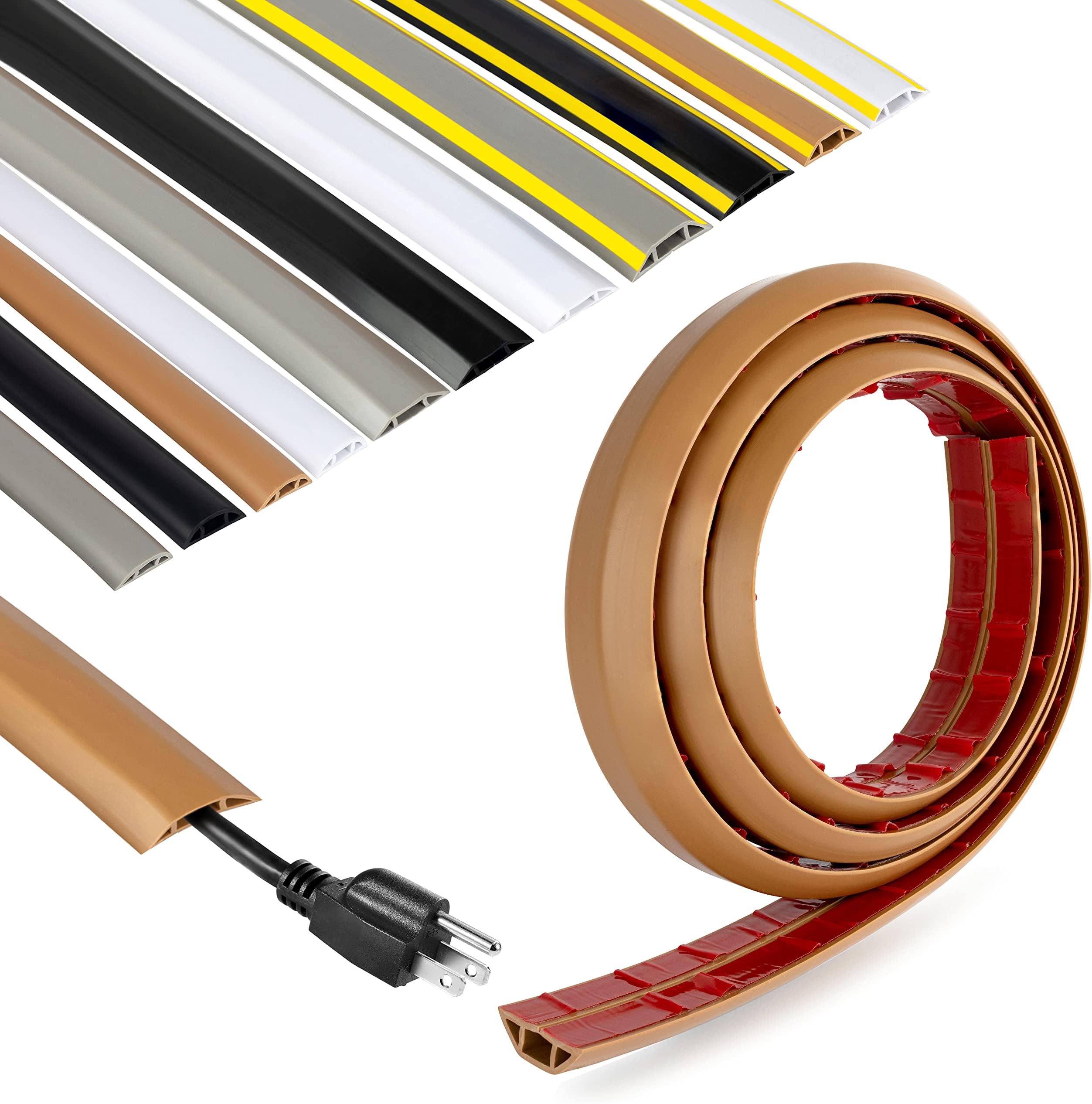 Rubber Bond Cord Cover Floor Cable Protector - Strong Self Adhesive Floor Cord Covers for Wires - Low Profile Extension Cord Covers for Floor & Wall - Brown - Thick Cord - 8 Feet