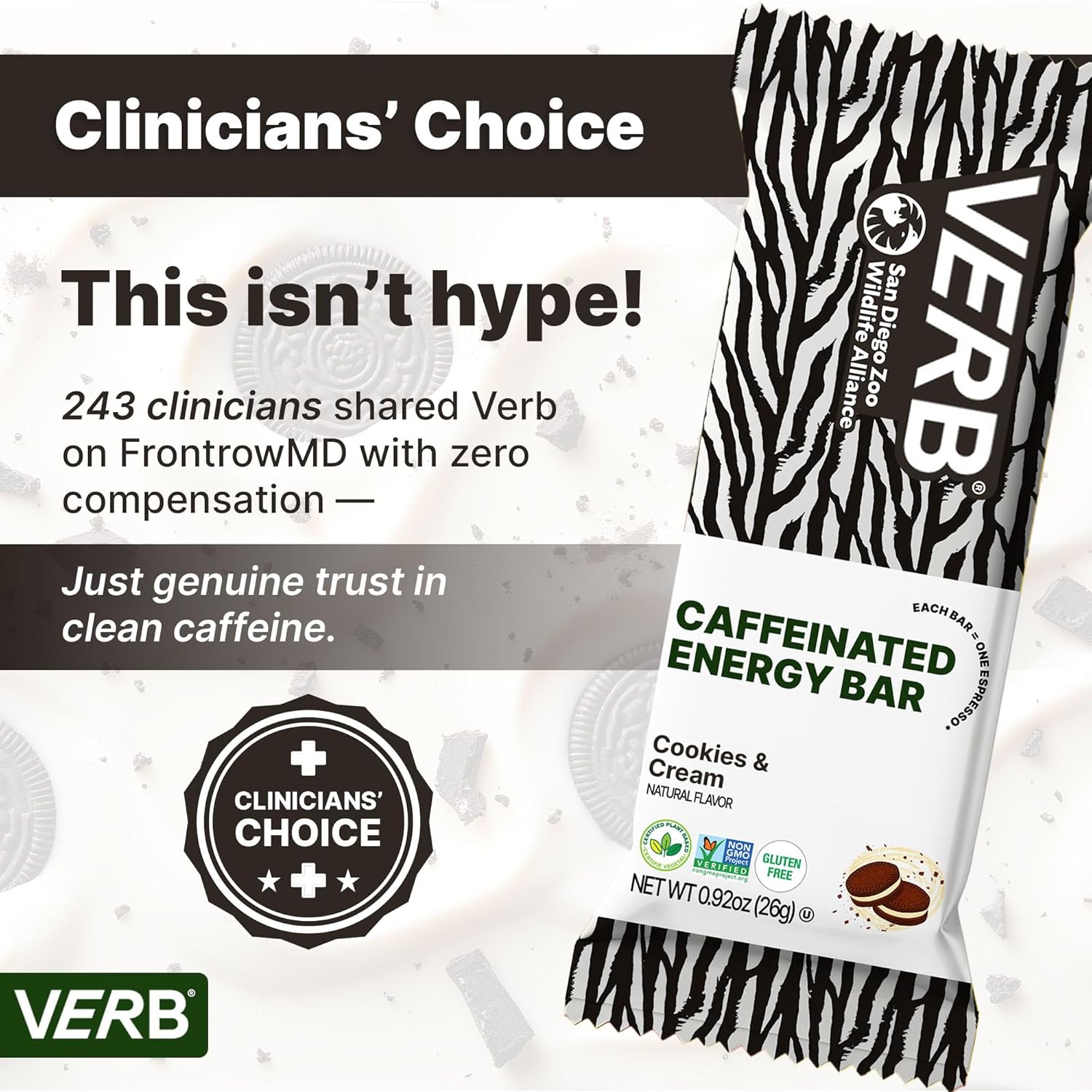 Verb Caffeinated Energy Bars Cookies & Cream (26g, Pack of 16) 110-Calorie Delicious Low Sugar Energy Bar - Vegan Gluten Free On-the Go Snack with 80mg Green Tea Caffeine, Only Real-Food Ingredients