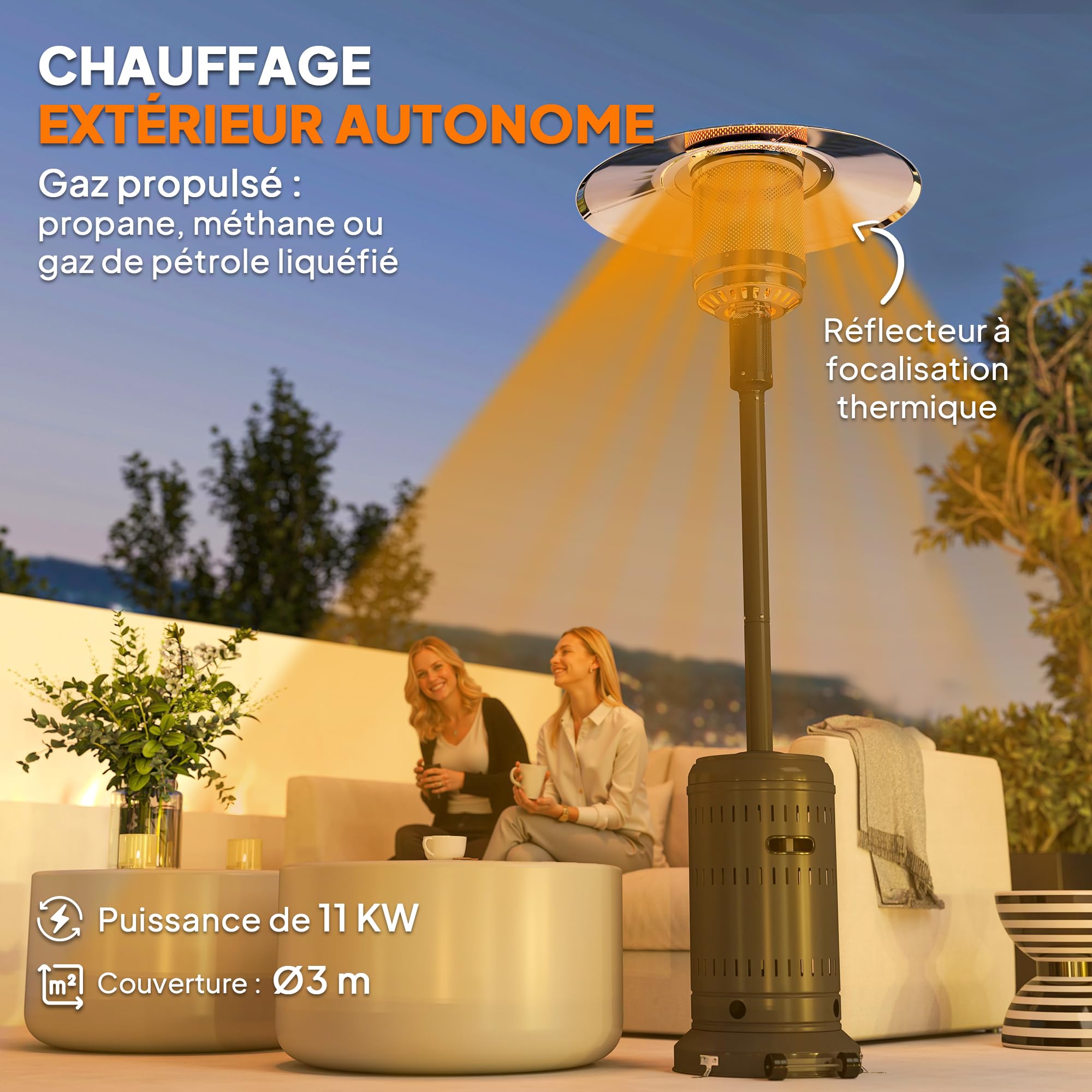 Outsunny Zewnętrzne ogrzewanie tarasowe, przenośny gazowy parasol grzewczy 11 KW, regulowany poziom ogrzewania, ochrona przed przewróceniem i kółkami, do ogrodu, powierzchnia grzewcza 7 m², kolor