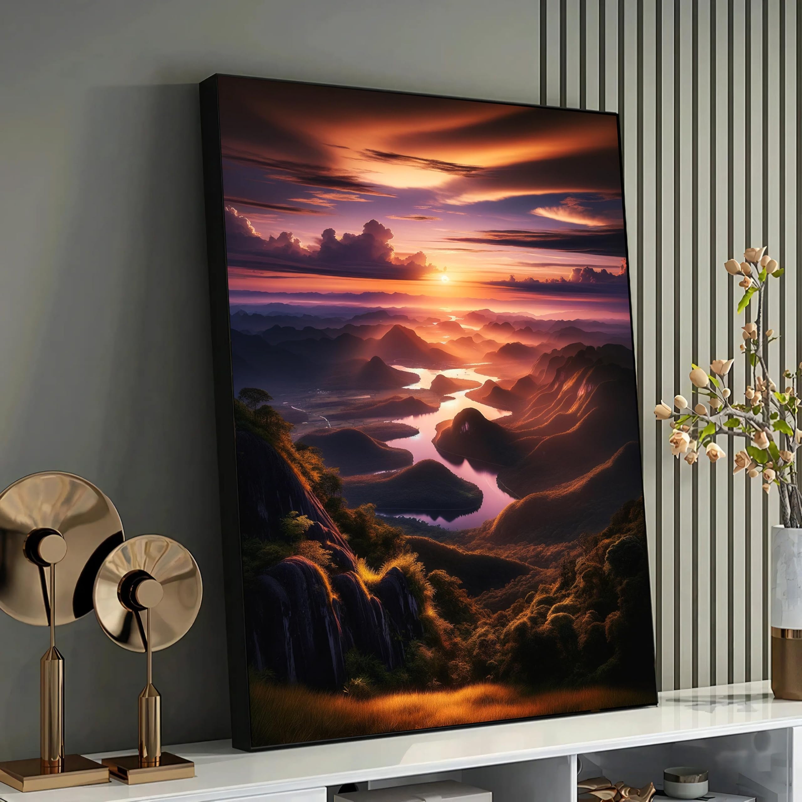 YUSUZHU Serenity at Sunset-Majestic Mountain Valley and River Canvas Print for Home Office Decor Poster Painting Canvas Wall Art(80x110cm/Frameless)